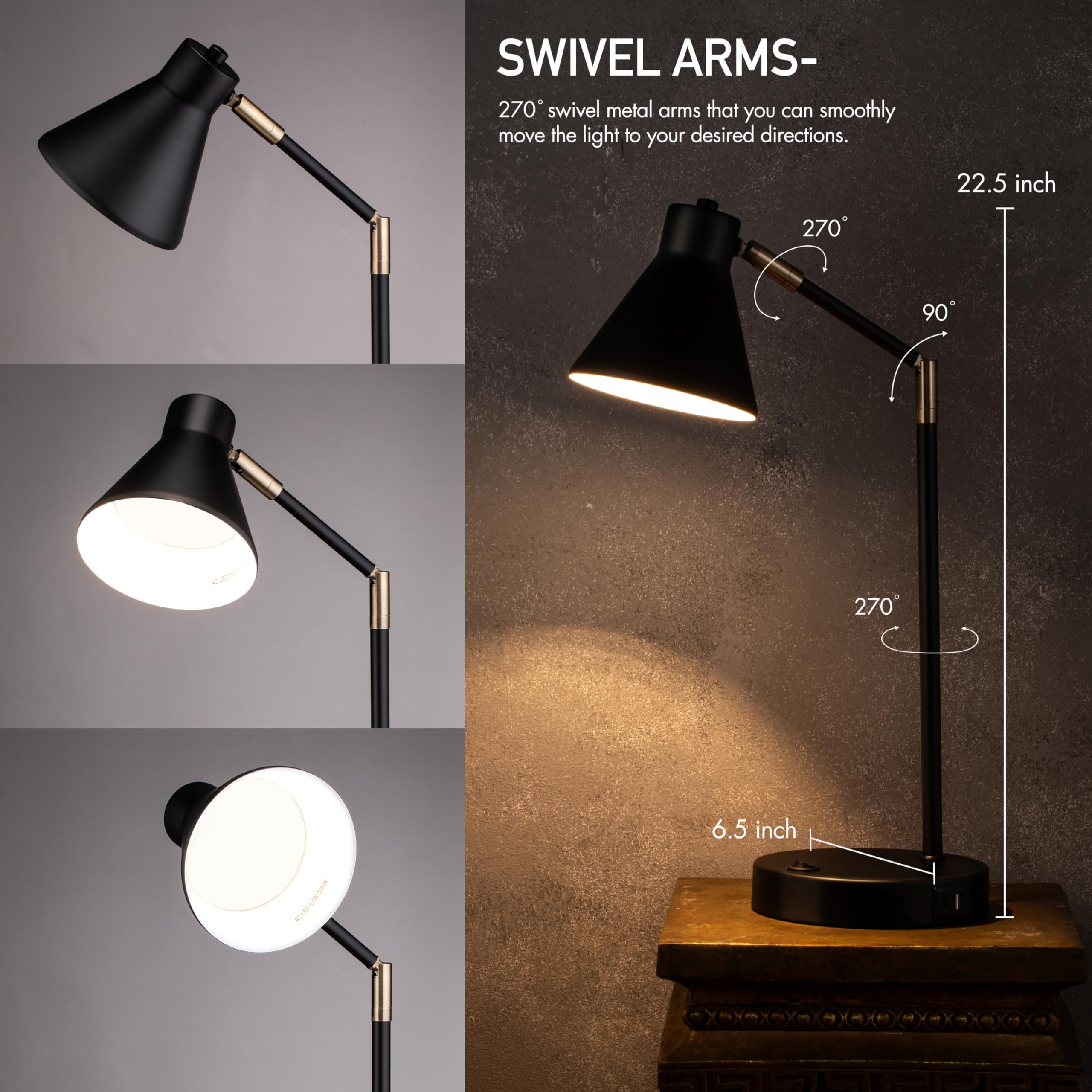 OBright LED Desk Lamp with Dual USB Ports, 100% Metal, 270° Swivel Arms, Soft White Light, 15inx6.5inx22.5in, Black, Model