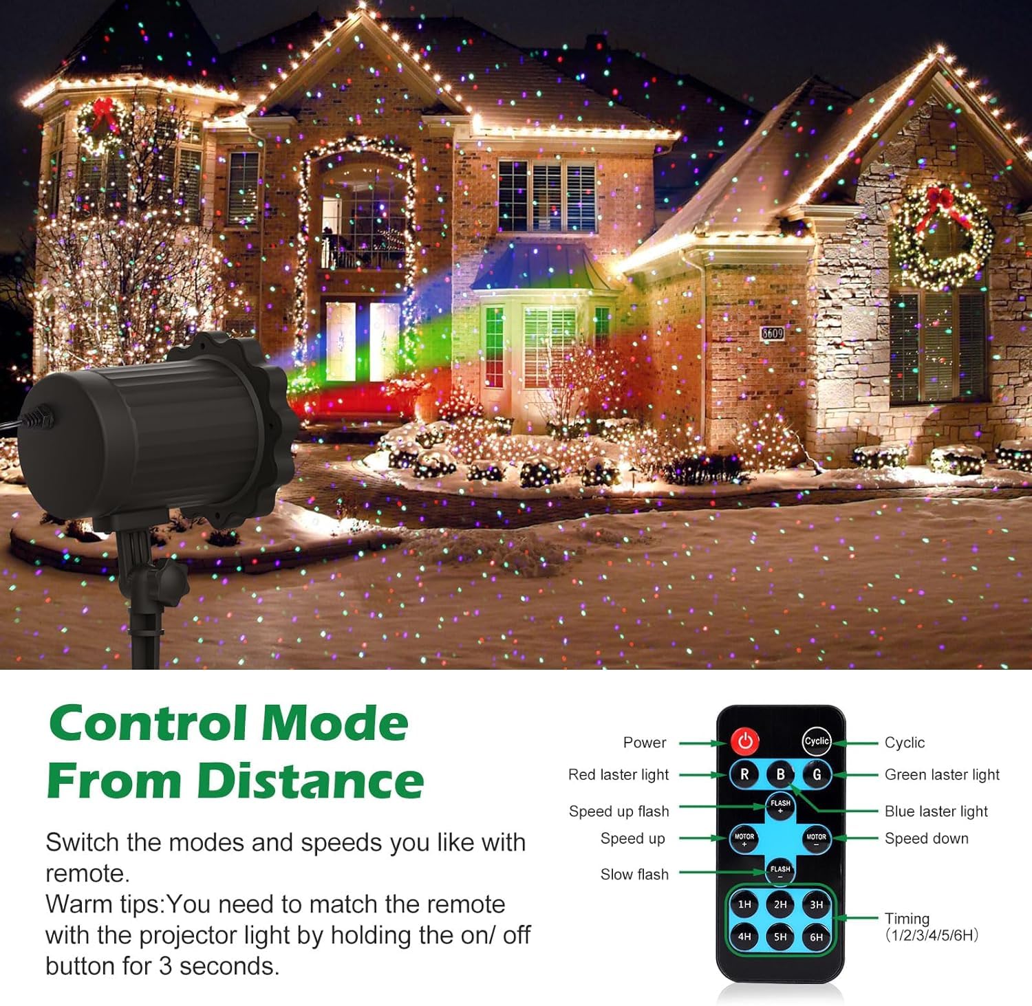 SUNYAO Laser Outdoor RGB Christmas Projector Light - 3 Color Motion Firefly for Halloween, Christmas, Garden, Patio