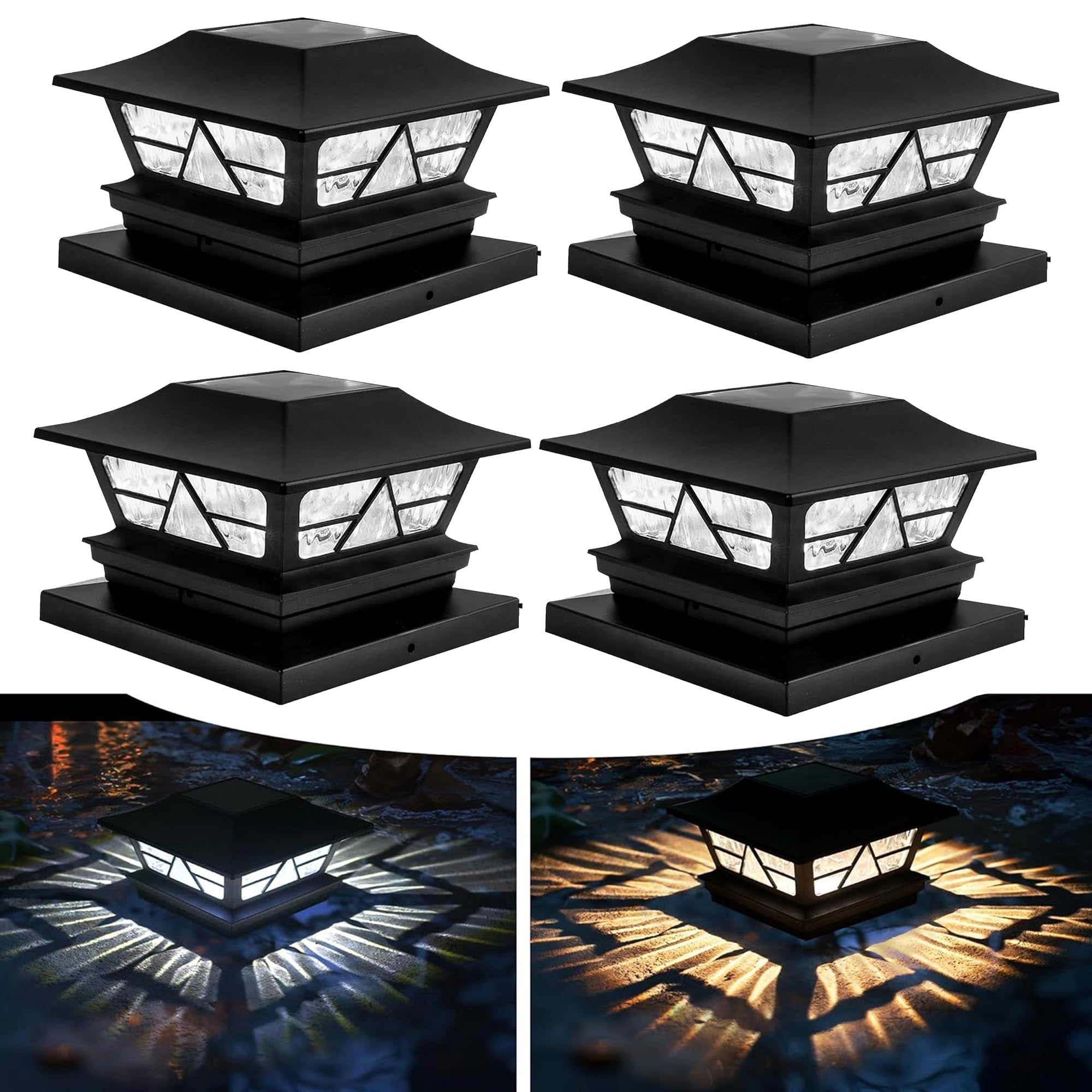 TW SHINE 4 Pack Solar Outdoor Fence Post Lights, 2 Modes Post Cap Lights Waterproof Color Changing Warm White/Cool White for Yar