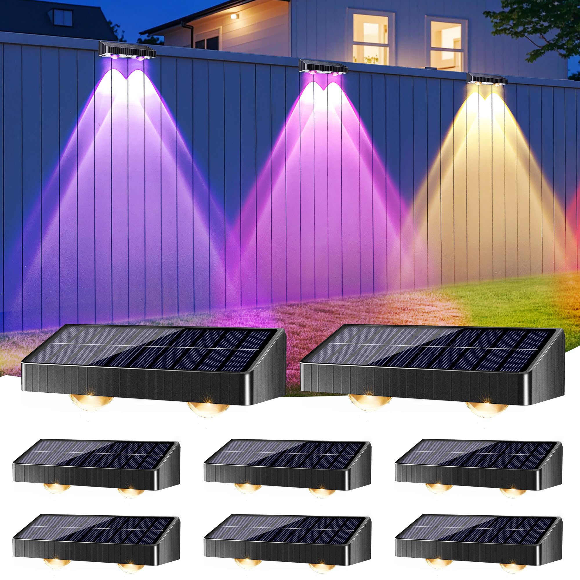 Brizlabs Fence Solar Lights Outdoor, 8 Pack 250Lm 9 Colors & 11 Modes Color Changing Outdoor Deck Lighting, Ip65 Waterproof Warm