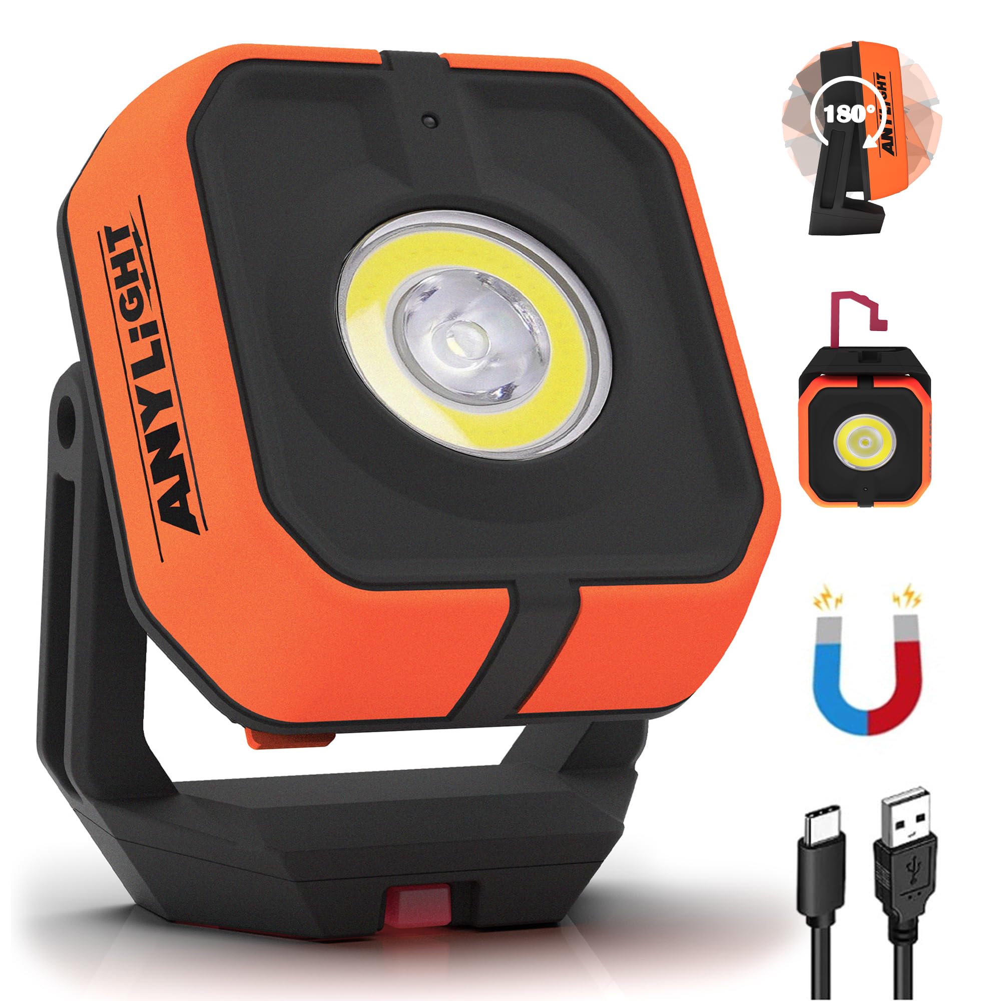 ANYLiGHT Work Light, Magnetic Rechargeable Light with 4 Modes & 150?Rotatable, 1200LM Waterproof Portable Light with 360? Rotati