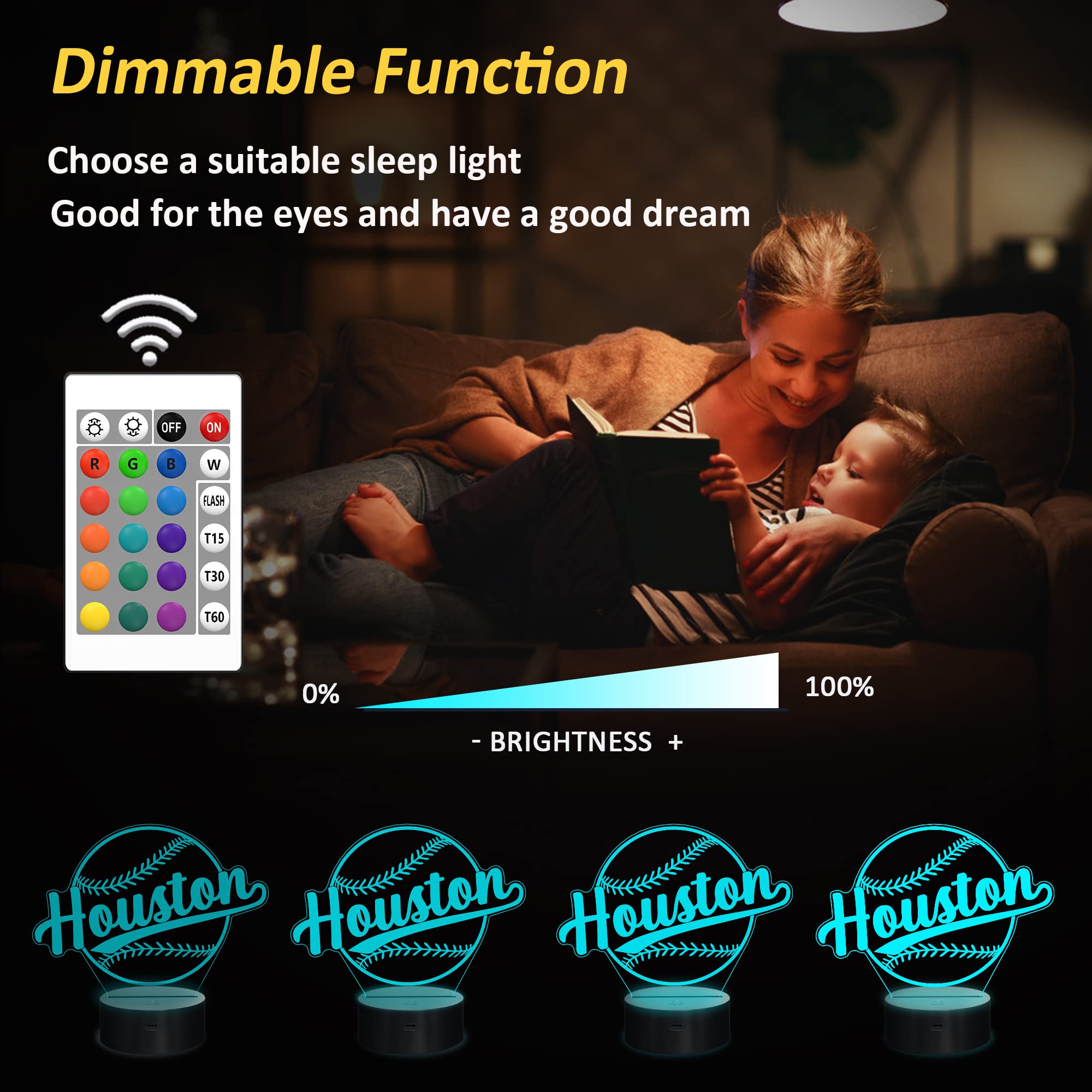 Lightzz 3D Illusion Lamp for Boys, Baseball Night Light, Remote Control, Acrylic, Houston Color, Model FS-xxxyyy