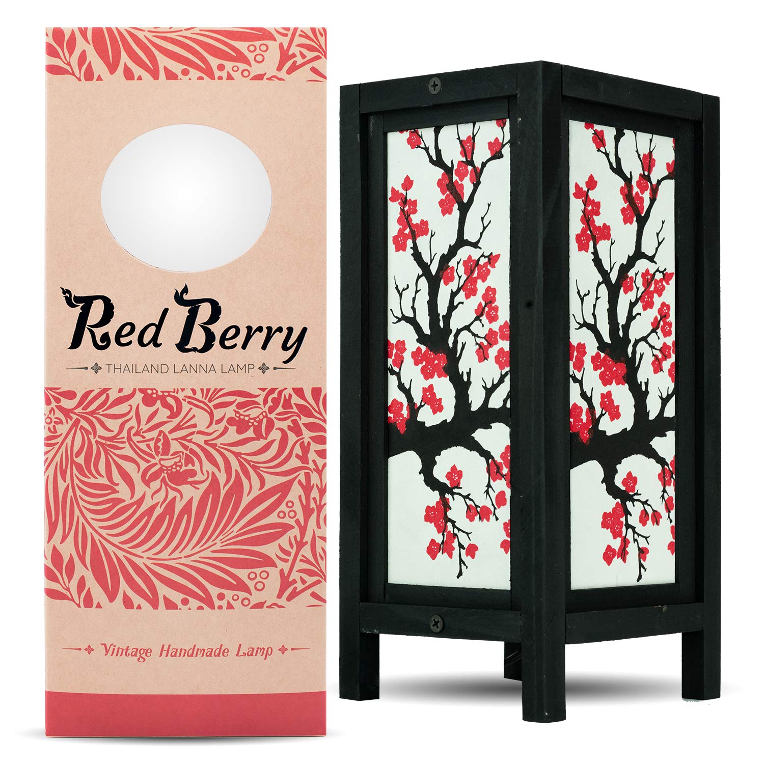 RED BERRY THAILAND LANNA LAMP Handmade Wood Table Lamp with Mulberry Paper Shade, 5x5x11 inches, Wood, Model SG_B00HUP898I_US