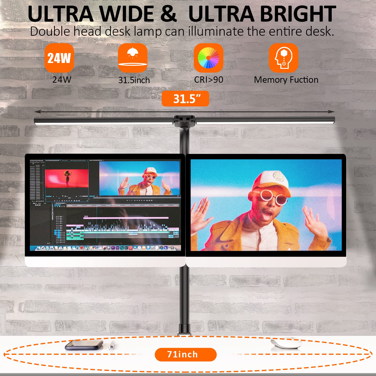 Ksunun Double Head LED Desk Lamp - 24W, 5 Color Modes, Dimmable, Eye Protection - Big, Black, Model: zydgjpl-0012
