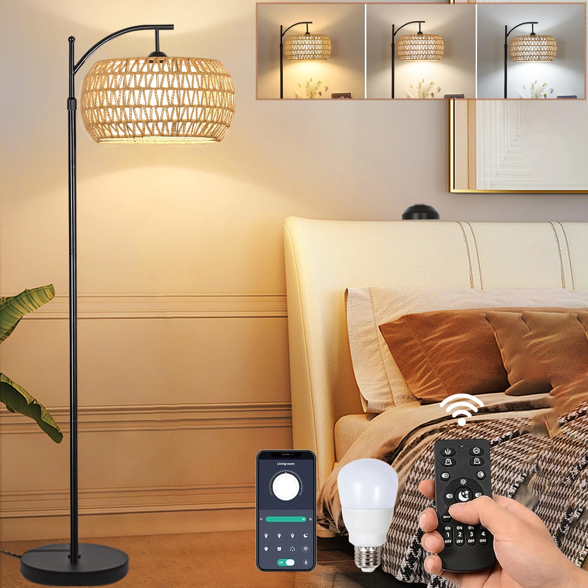 Arc Rattan Floor Lamp for Living Room with 3 Color Temperatures,Farmhouse Floor Lamps with Remote & Dimmable Bulb,Boho Standing 