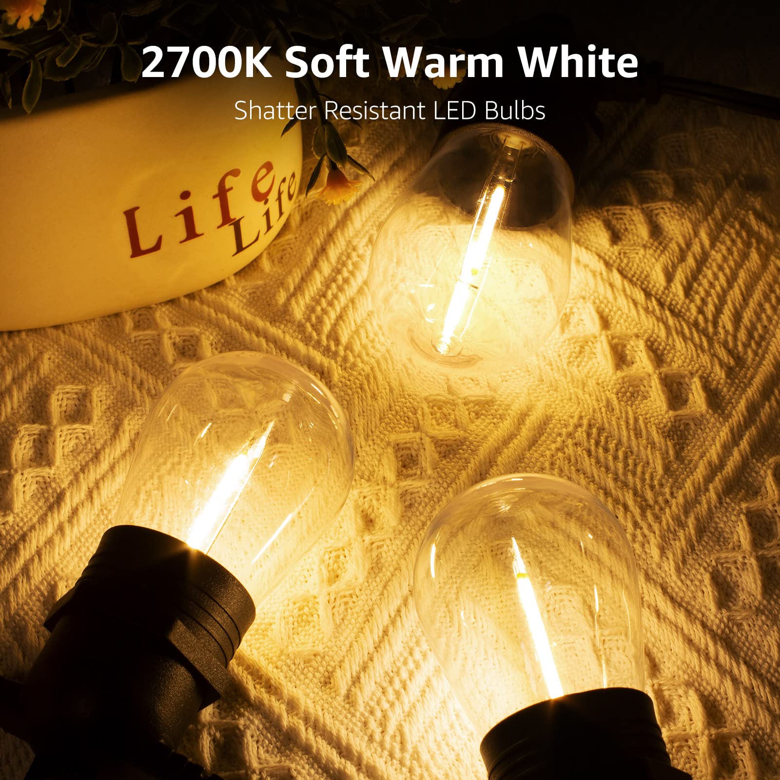 Lepro 50ft Outdoor String Lights, Warm White LED Edison Bulbs, Waterproof, Shatterproof, Ideal for Patio, Deck, Garden, Model GY-C-150.6-U-S45