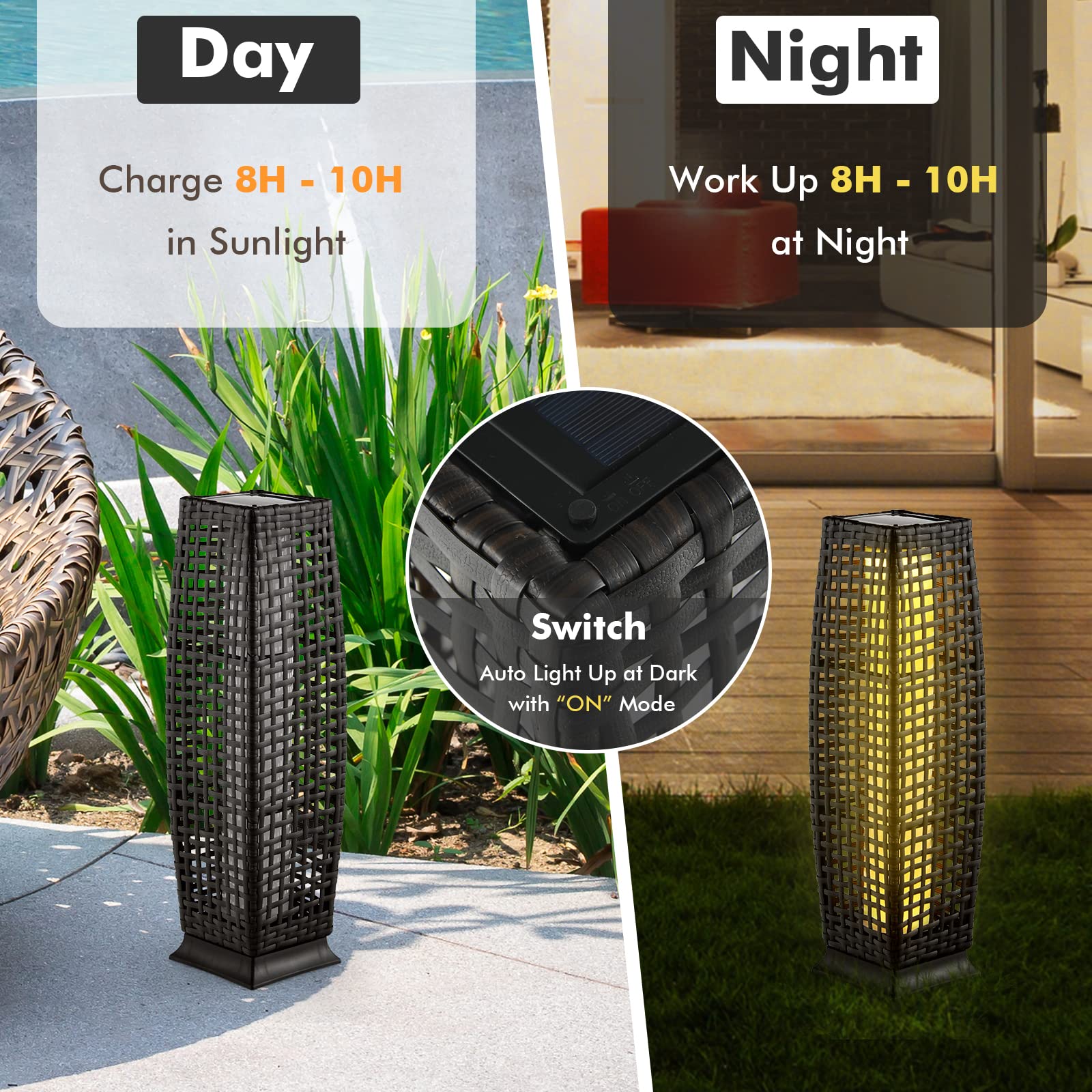 Tangkula 2-Piece Outdoor Solar Floor Lamps, IP65 Waterproof, 27” H, Black, Model TA-10519, Wicker Decorative Lanterns for Garden Patio