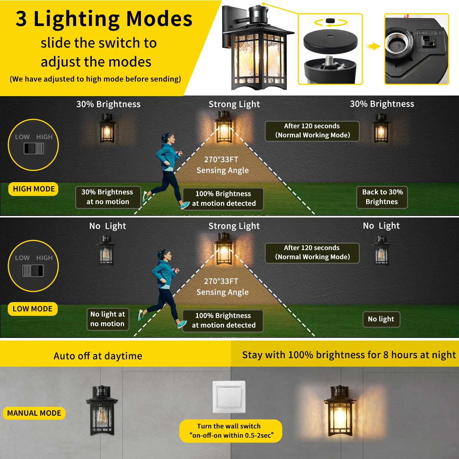 XANGQAN Brown Motion Sensor Outdoor Light Fixture - Waterproof Wall Mount Lantern for Porch, Patio, Garage - Model WY04-GT