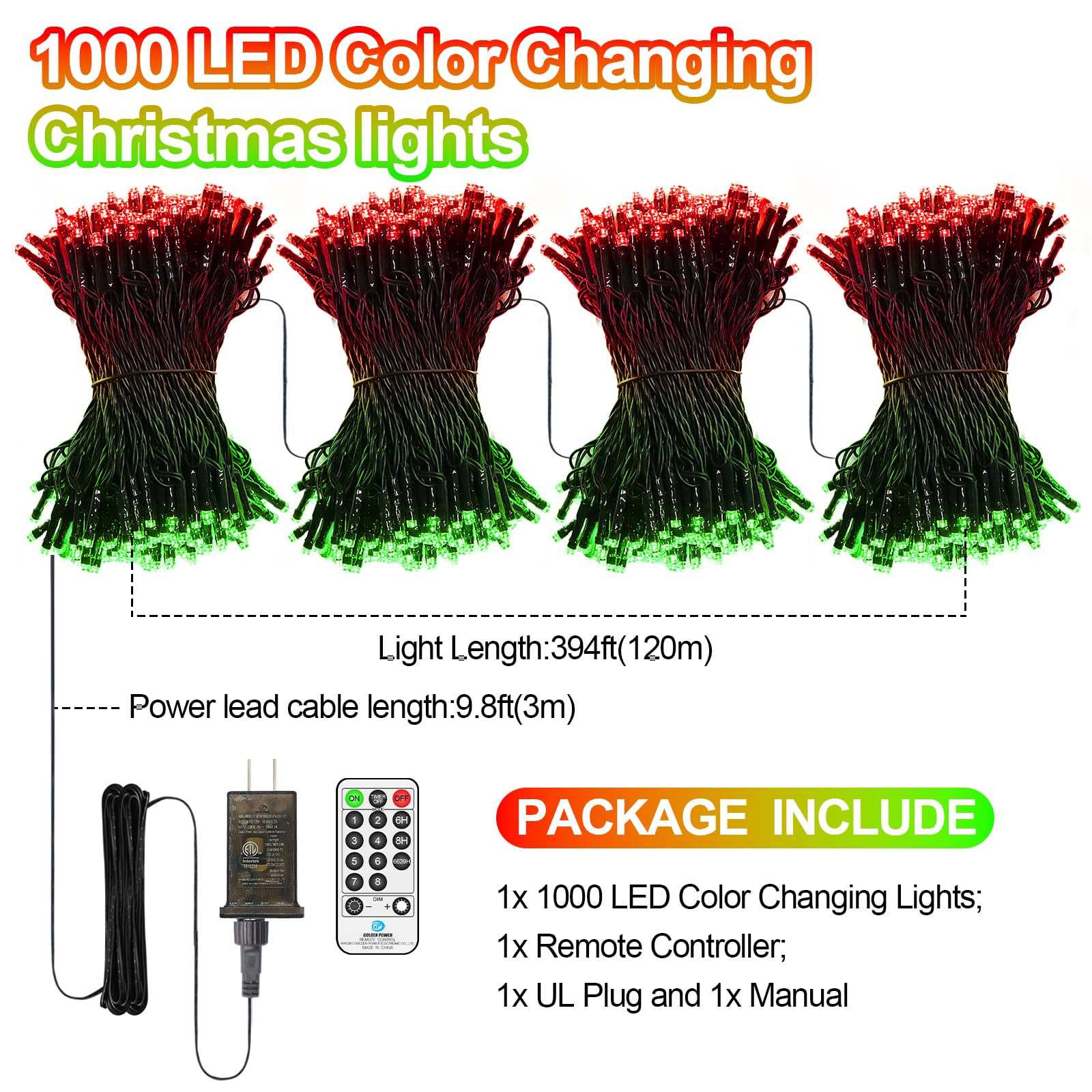 394Ft 1000 Led Christmas Lights Outdoor String Lights 8 Modes & Timer Twinkle Fairy Lights Plug In Waterproof Led String Lights
