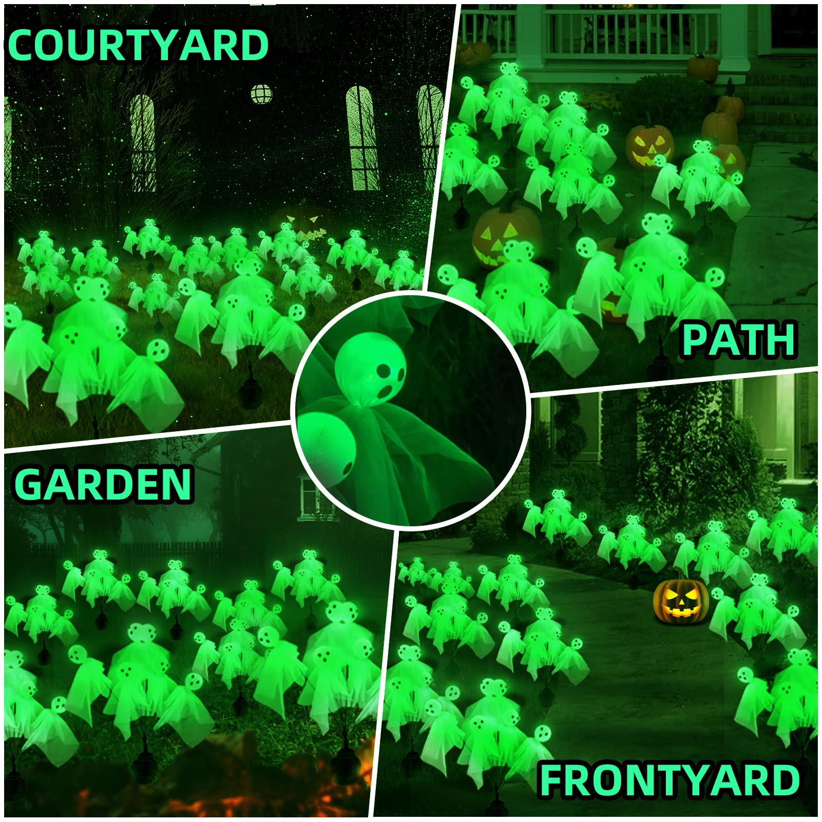 MAOYUE Halloween Decorations 4Pcs Solar LED Ghost Lights Waterproof Green