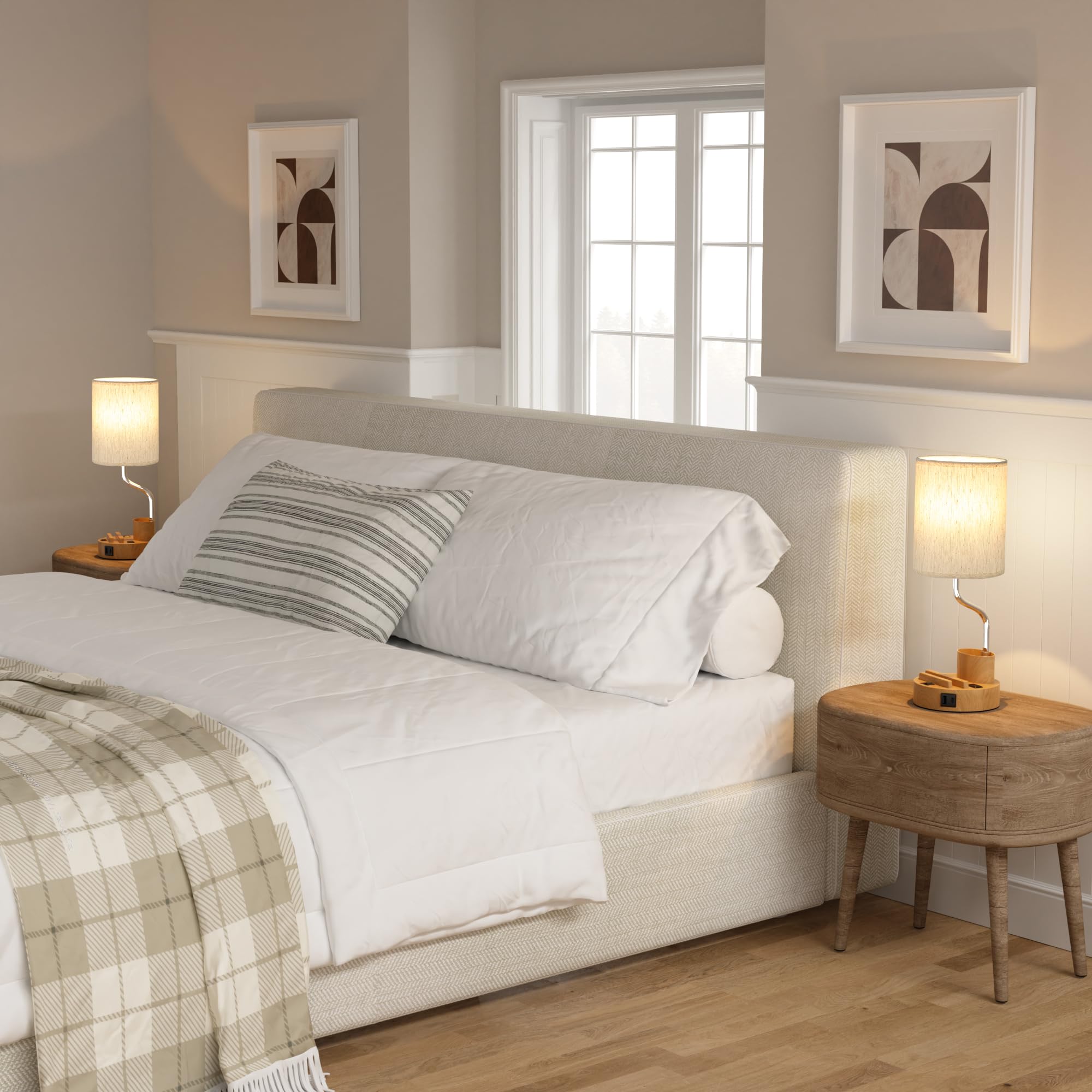 Bedside Table Lamps For Bedroom Set Of 2 - Nightstand Light With Ac Outlet And Usb A & C For Charging, 3 Color Temperatures Wood