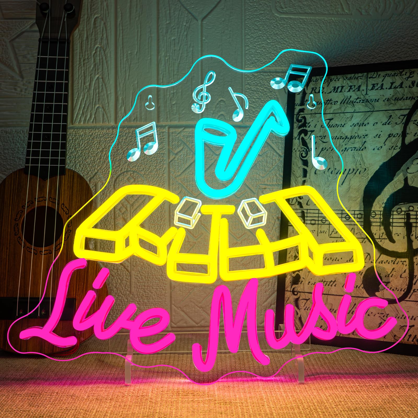 Live Music Neon Sign Jazz Neon Signs For Wall Decor Saxophone Led Lights Colorful Light Up For Music Studio Bar Club Party Live House Singing Lover Bedroom Decoration Gifts
