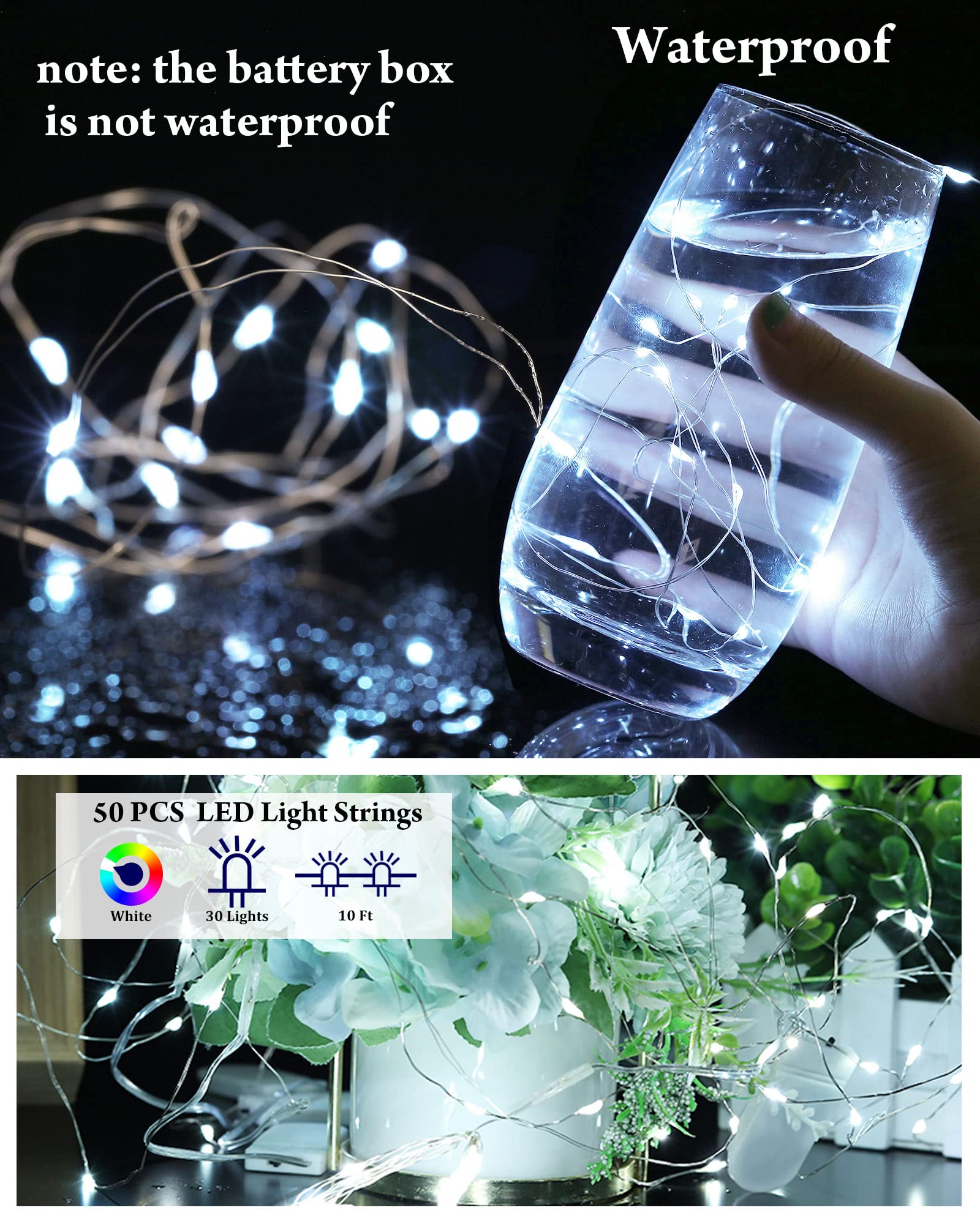 Riakrum 50 Pieces 10Ft 30 Valentine'S Day Led Fairy Lights Battery Operated Tiny Lights String Small String Lights For Jars Starry Waterproof String Lights For Diy Wedding Party (White)