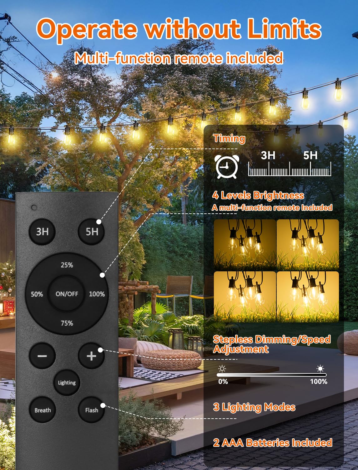 Brightever Solar Powered Outdoor String Lights With Remote, 27Ft Commercial Grade Waterproof Solar Patio Lights, 12+1 Shatterpro
