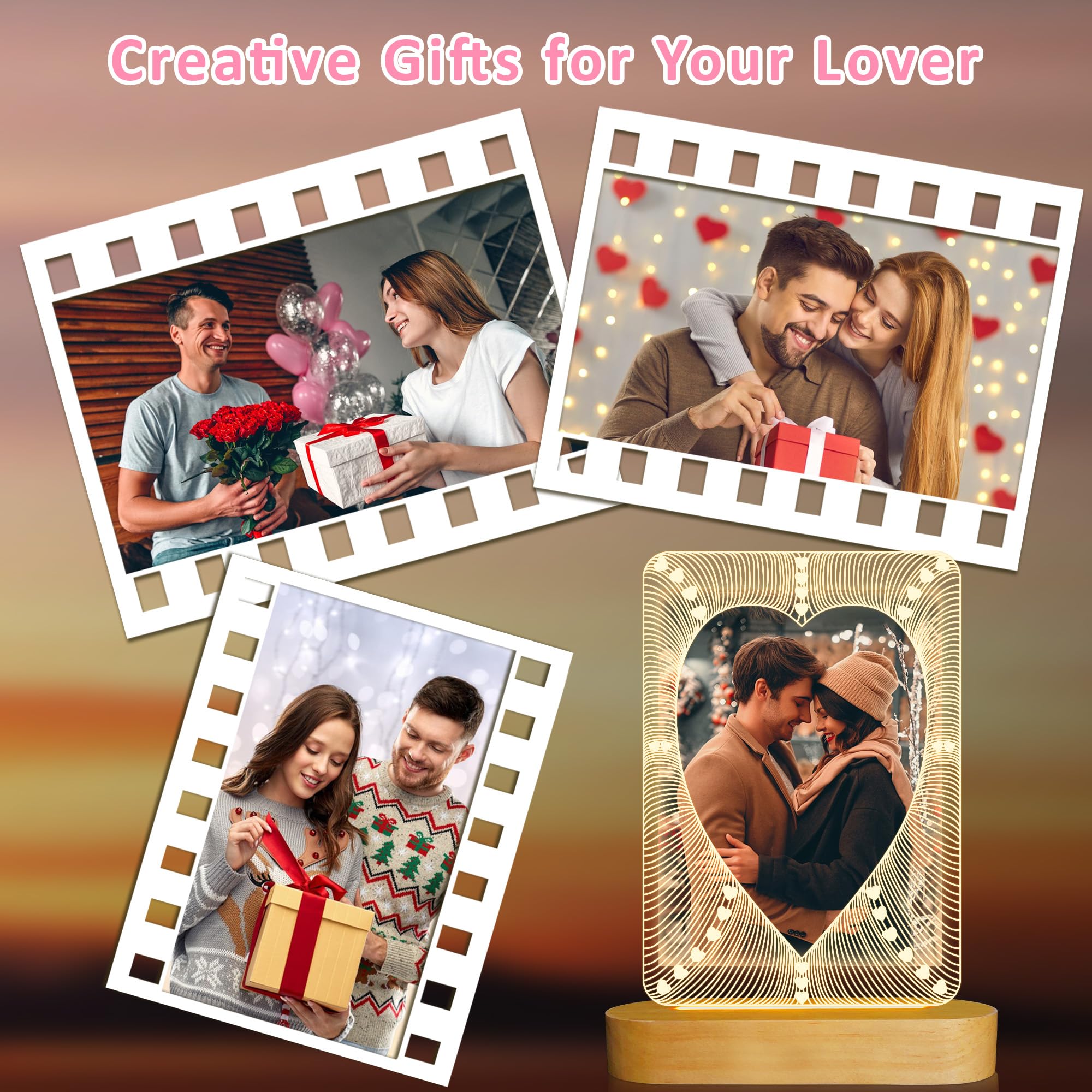 Attivolife Picture Frame For Him Her, Heart Photo Frame With Led Night Light, Bedroom Living Room Decor, Romantic Present For Co