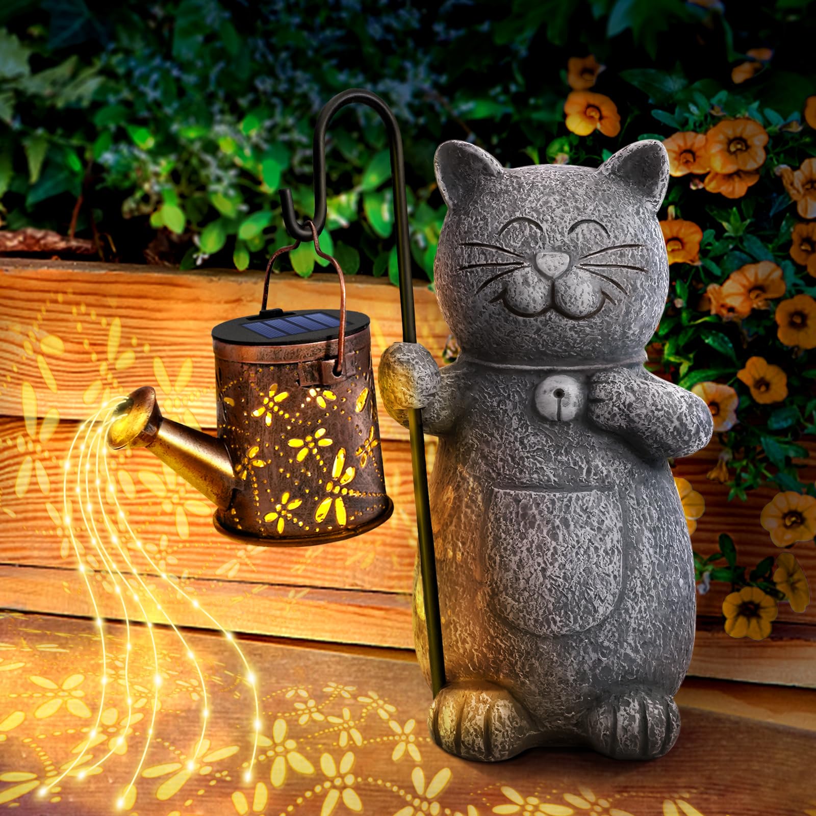 Hinshark Solar Garden Cat Statue With Kettle Light - Perfect Valentines & Birthday Gifts For Cat Lovers