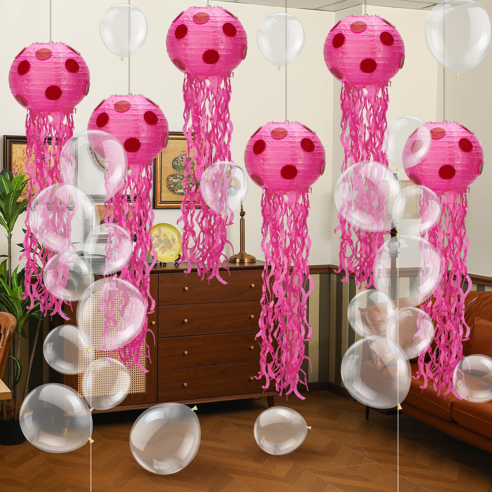 Lunmon 6 Set Sponge Party Hanging Jellyfish Decorations 8 Inch Jellyfish Paper Lanterns with 100 Pcs 5 Inch 10 Inch Clear Balloo