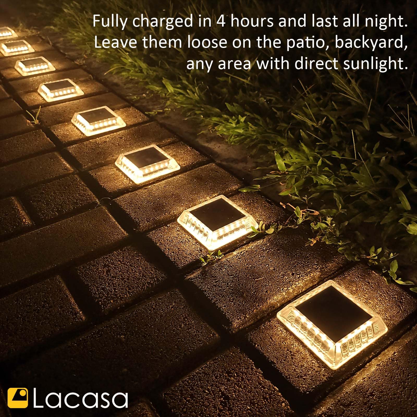 Lacasa Solar Deck Lights, 8 Pack 30Lm Led Dock Lights Warm White 2700K, Outdoor Solar Powered Step Lights Light Up All Night Ip6