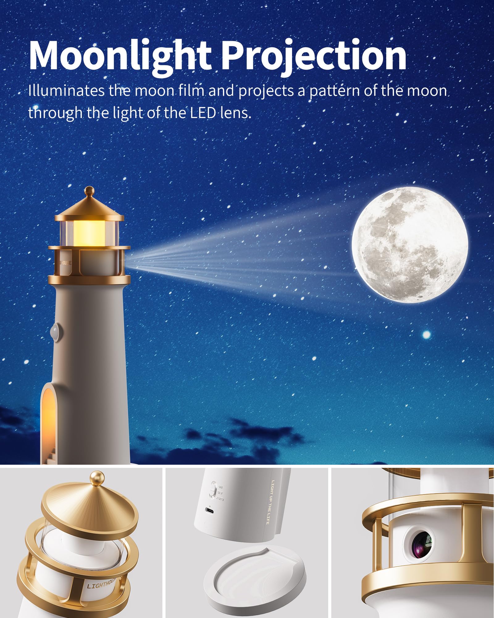 Newsee Led Cordless Night Lights Set Of 2, Wireless Portable Motion Sensor Moon Lighthouse Lamp, Rechargable Battery Powered Tab