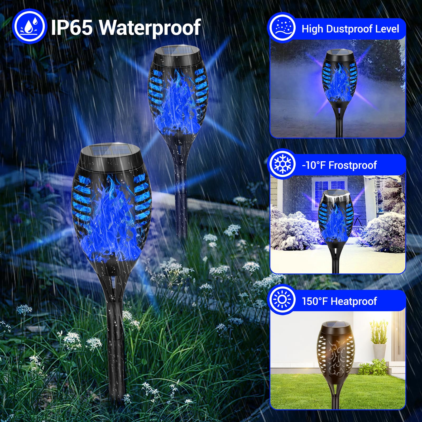 AOUNQ Solar Torch Lights, 16 Pack Blue Waterproof Outdoor Flickering Flame Decor, Plastic, Model 736961377713