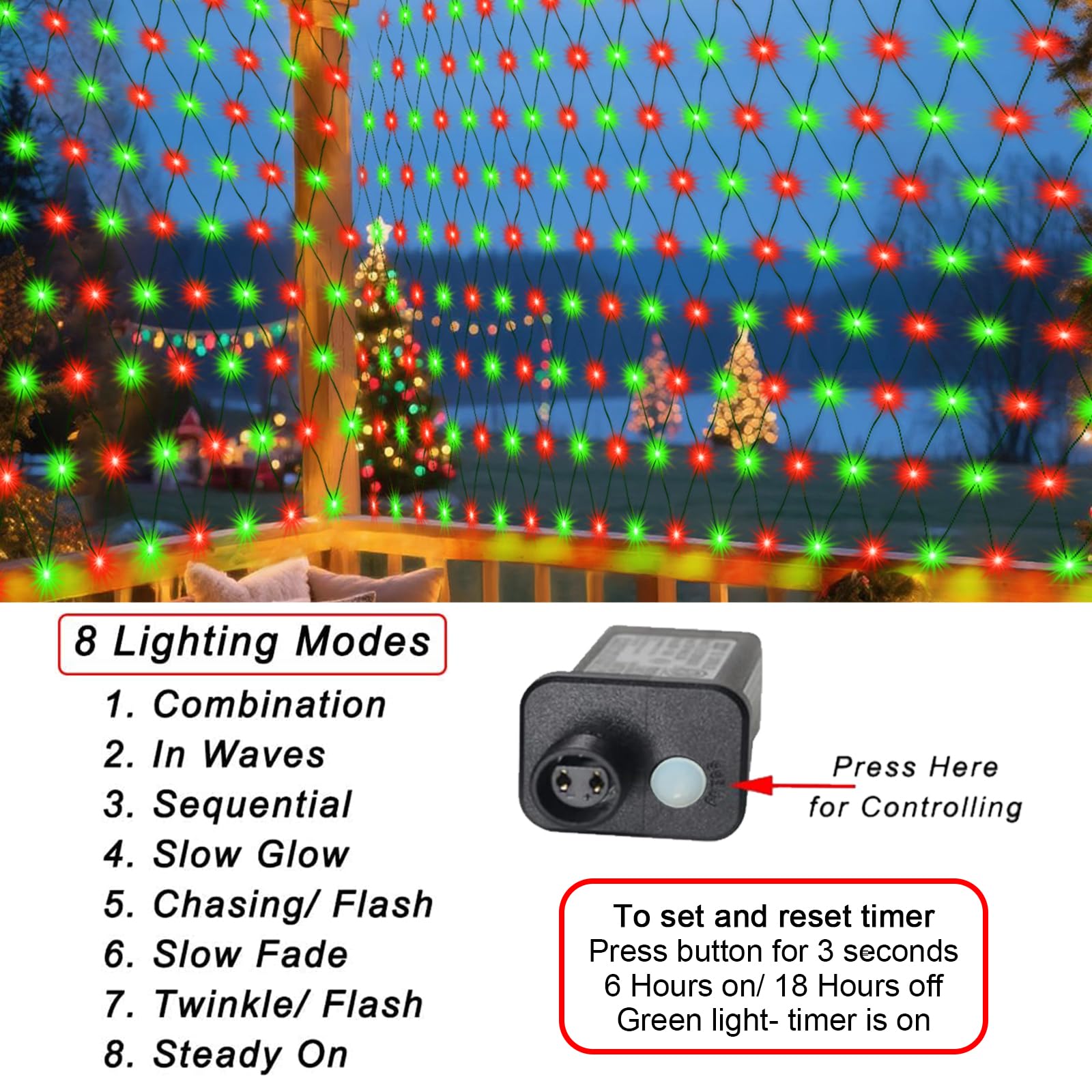 Pooqla Christmas Net Lights, 300 LED Outdoor Mesh Lights, 14.8x4.9 ft, Green Wire, Waterproof, Red and Green