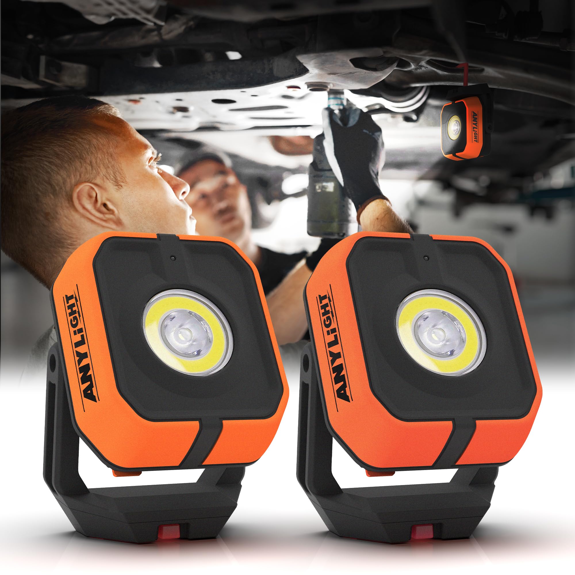 Anylight Work Light Magnetic Rechargeable 1200LM Waterproof 360° Hook 4 Modes 2 Pack Orange JF408102-N