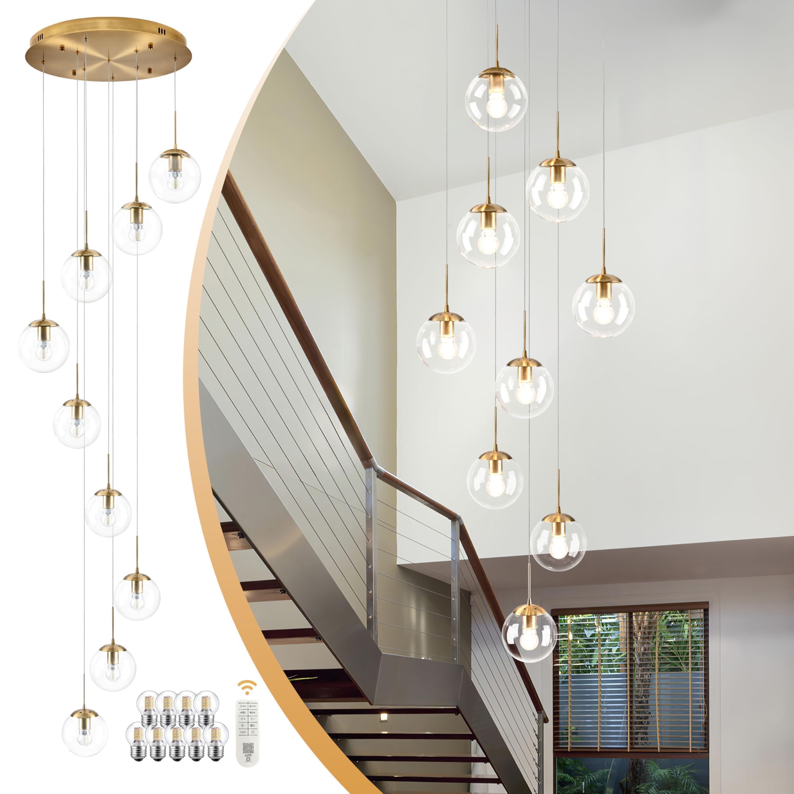 Koko&Yukina 9-Light Globe Glass Pendant Light Adjustable Length Pendant Lights Fixtures Modern Gold Clear Globe Glass Chandelier