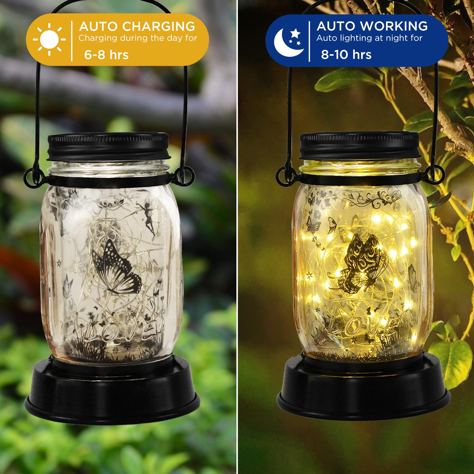 Styleonme Decor Mobile Outdoor Solar Lanterns, Cat & Butterfly Fairy Lights Theme Garden, Mason Jar Solar, Gifts For Mom, Grandm