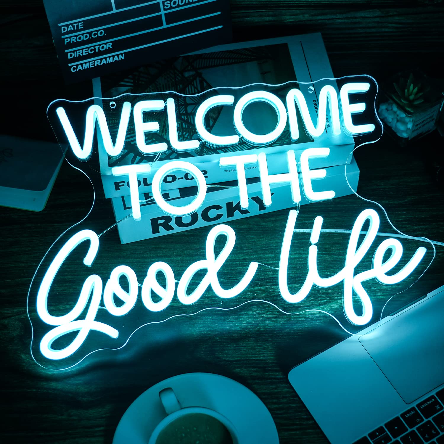 LISIGNVE Neon Sign LED Light - Dimmable USB Powered, 16.5’’x11’’, Ice Blue, Welcome To The Good Life, Decorative Light for Kids Room, Bar