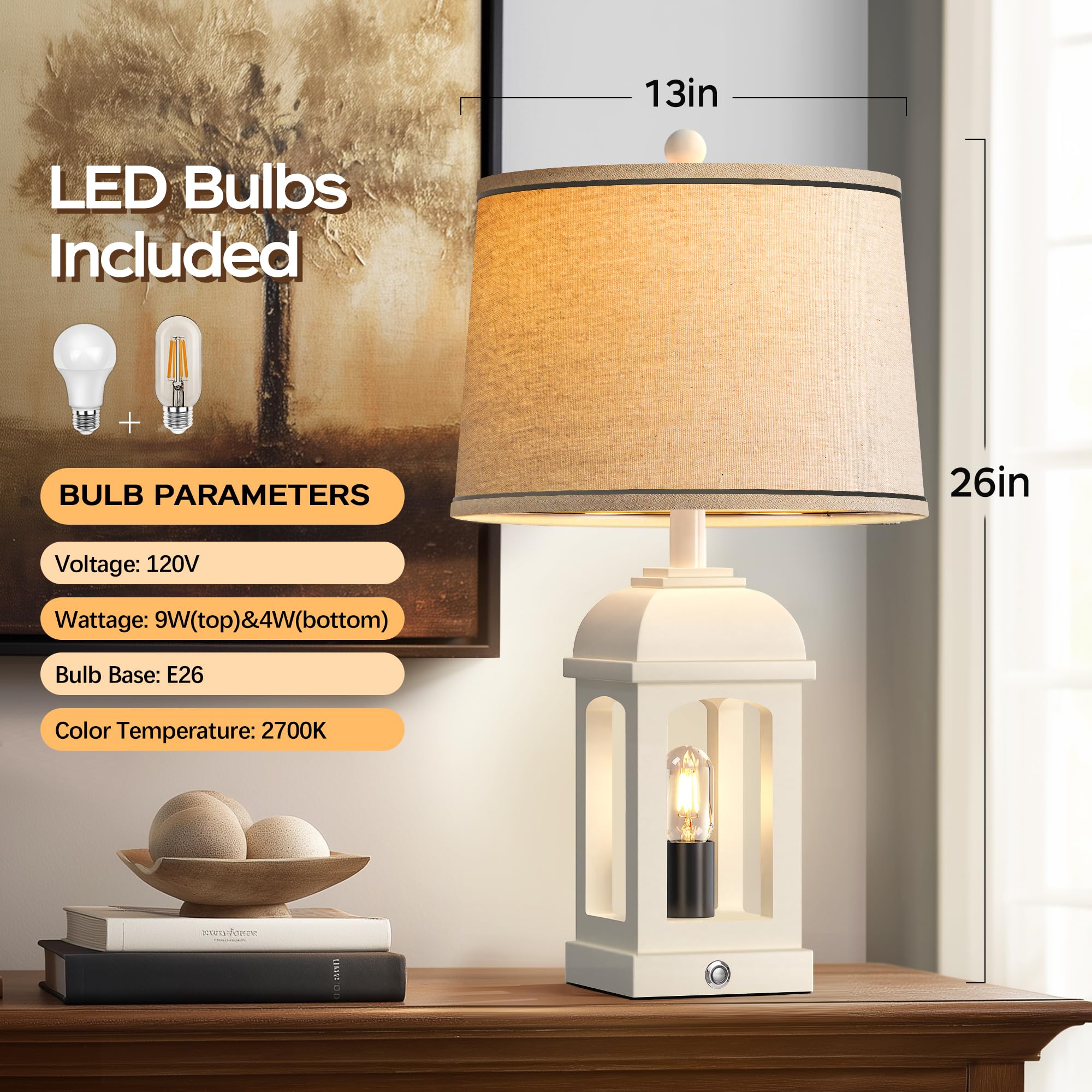 QiMH Rustic Table Lamp for Living Room, 26" White Bedside Lamp with 3-Way Touch Control, USB A+C, Nightlight, 1 Pack