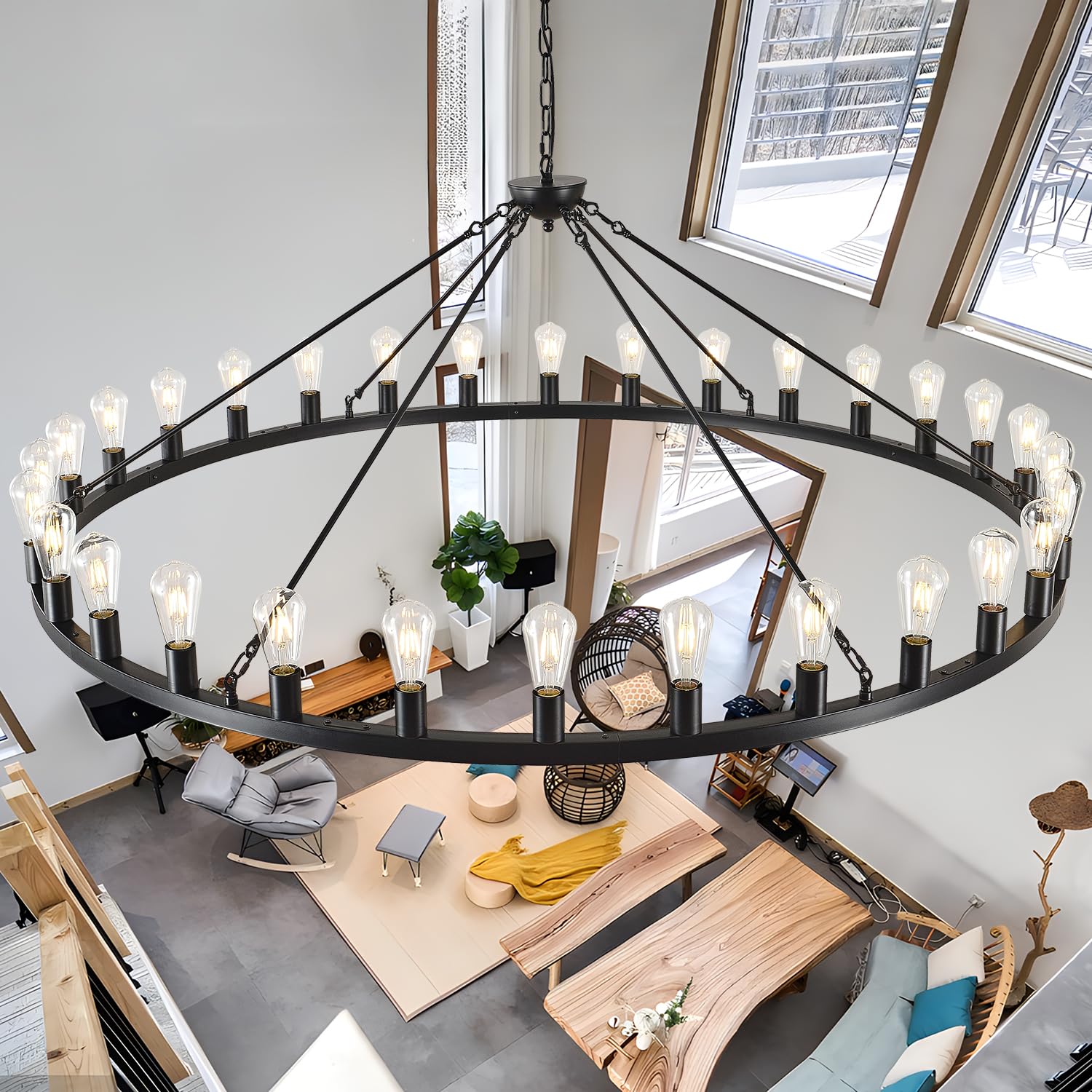 Zbmyrbzj Large Black Wagon Wheel Chandelier 64 Inch,30-Light Farmhouse Wagon Wheel Chandeliers Round Industrial Ceiling Light Fi