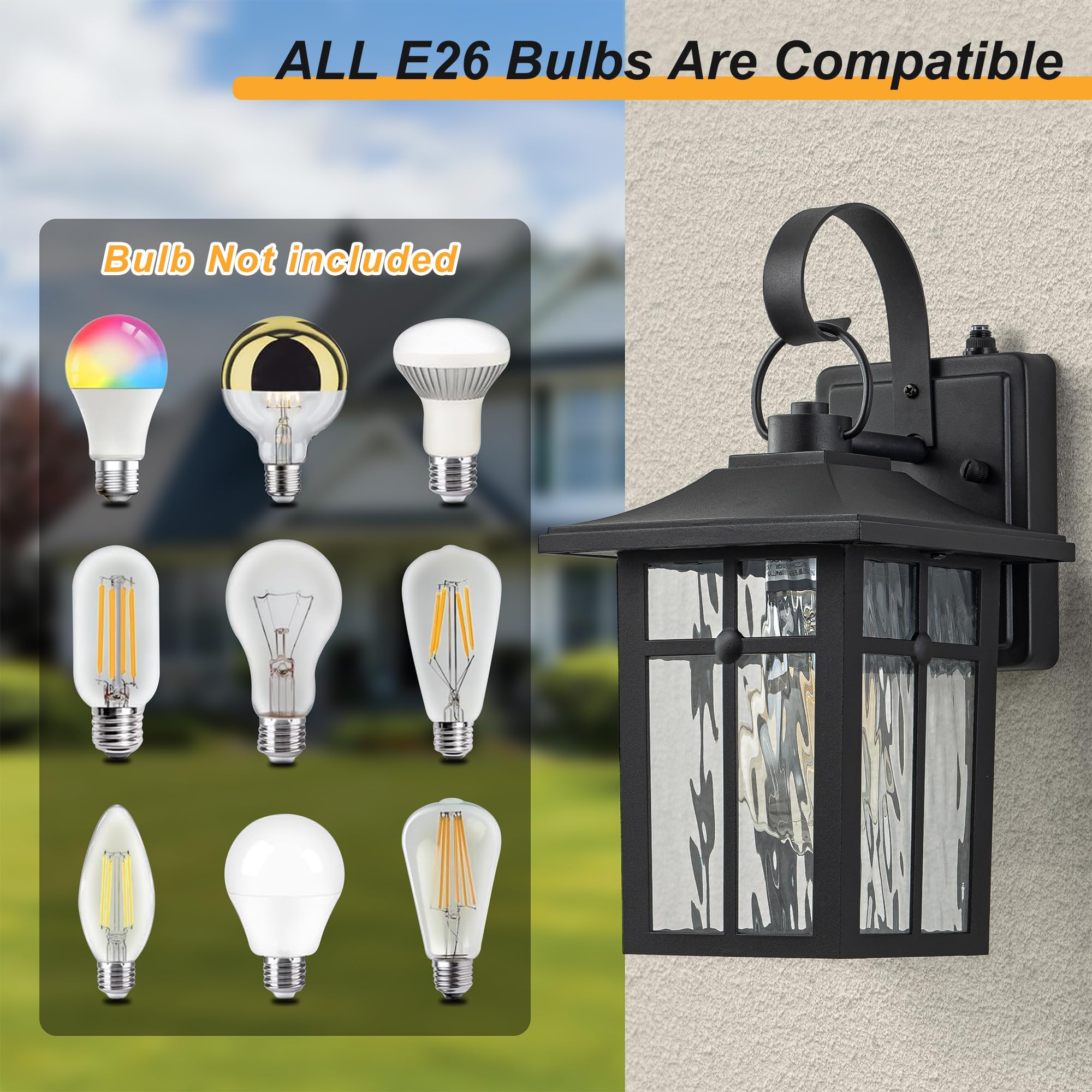 Lawyettle 2 Pack Dusk To Dawn Outdoor Wall Lights, Exterior Light Fixtures Wall Mount With Ripple Glass, Waterproof Black Porch Lights, Outside Wall Lantern For Entryway, Garage, Patio