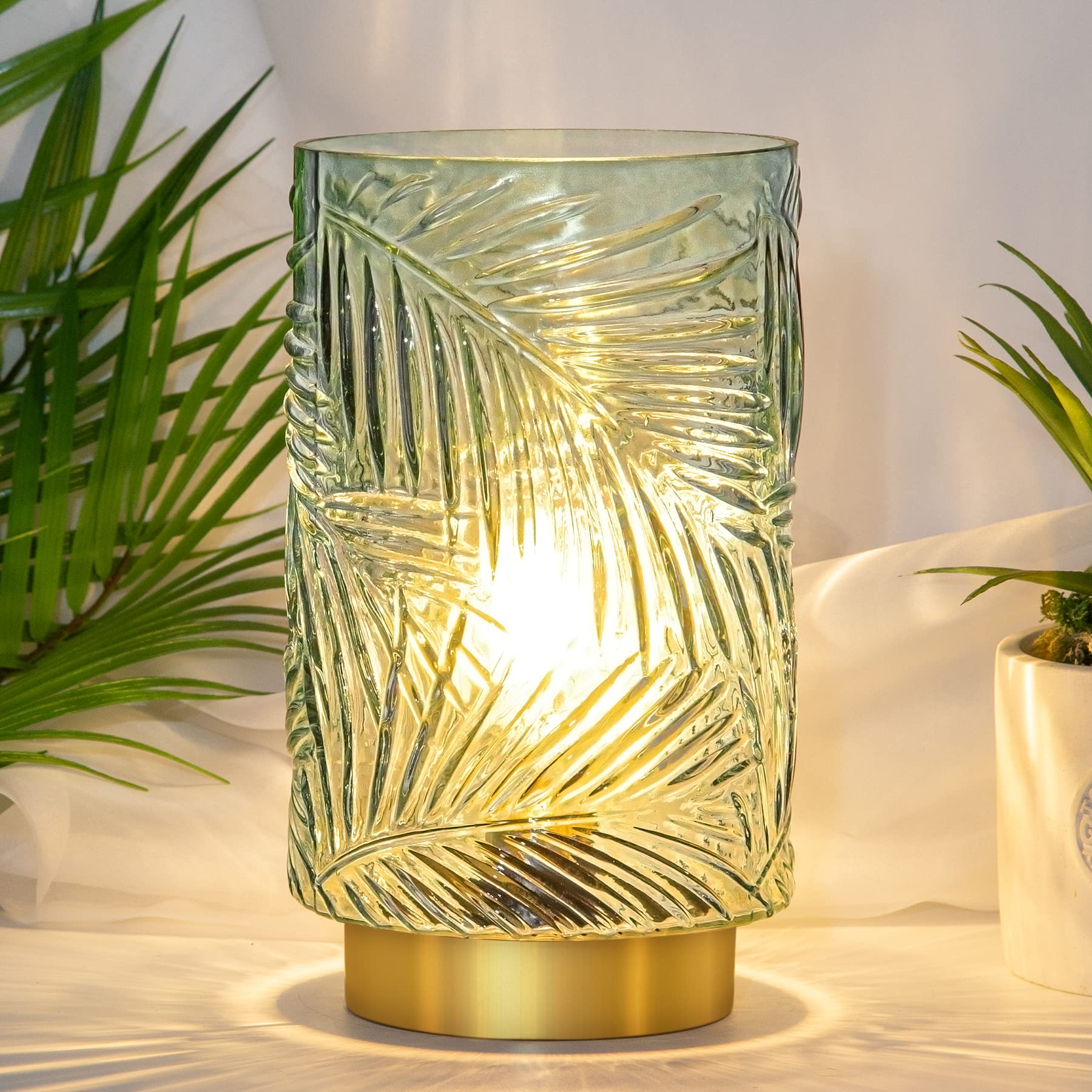 MJ PREMIER Battery Operated Table Lamp with Timer, Big Light Green Glass Nightlight, Model 1520, Decorative for Home Decor