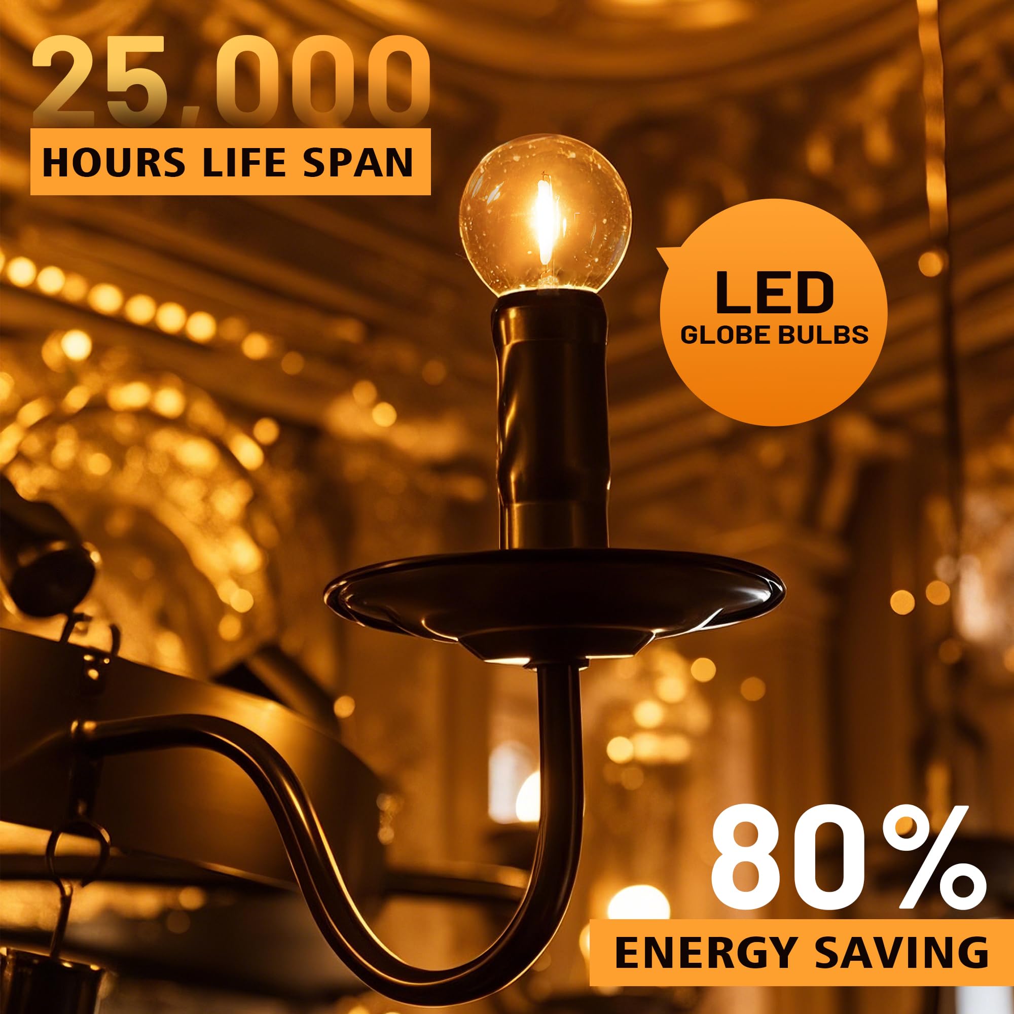 25Pack G40 Amber Glass Led Replacement Bulbs, 1W Equivalent 10W E12 Screw Base Shatterproof Globe Light Bulb For Indoor & Outdoo