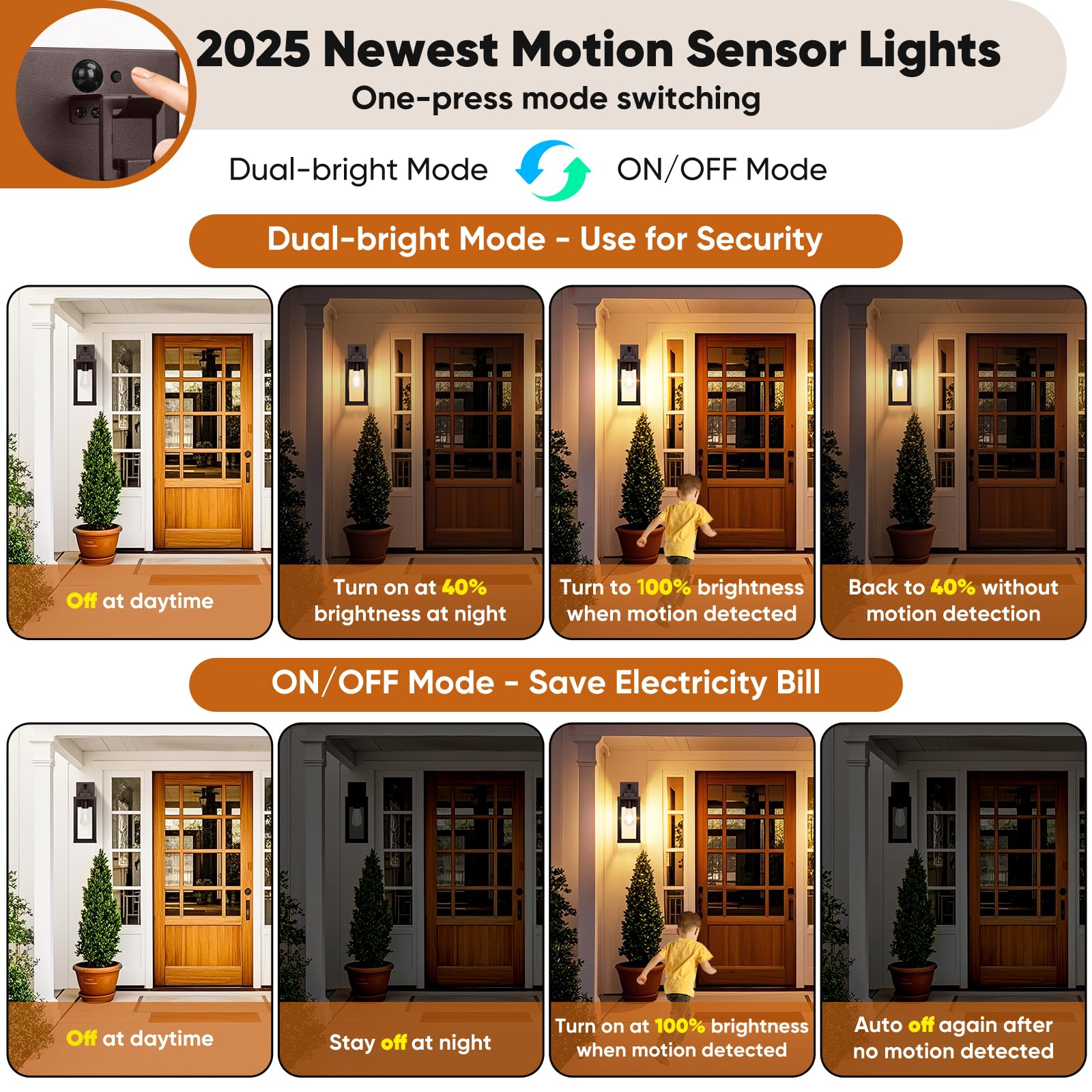 BesLowe 14" Motion Sensor Outdoor Wall Lights, Dusk to Dawn, Brown, 2-Pack, Metal Sconces, Model A927S