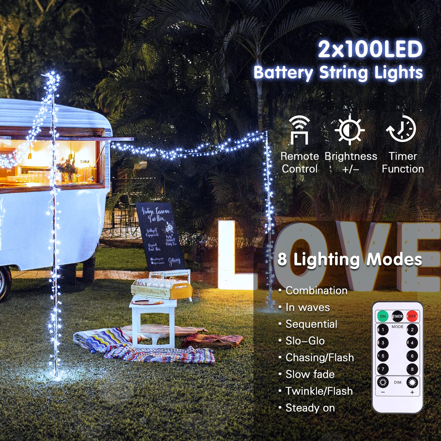 JMEXSUSS Christmas String Lights, 100 LED, 33ft, Battery Operated, 8 Modes, Waterproof, Cool White, Model b731a66a-f7cd-456f