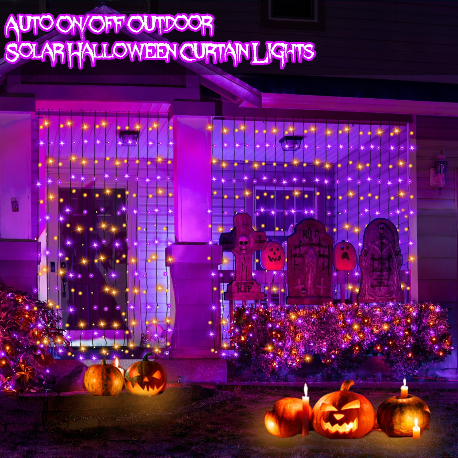 Dbfairy Purple Orange Solar Halloween Curtain Lights 300 Led 19.6Ft X 3.3Ft Waterproof 8 Modes For Outdoor Decoration