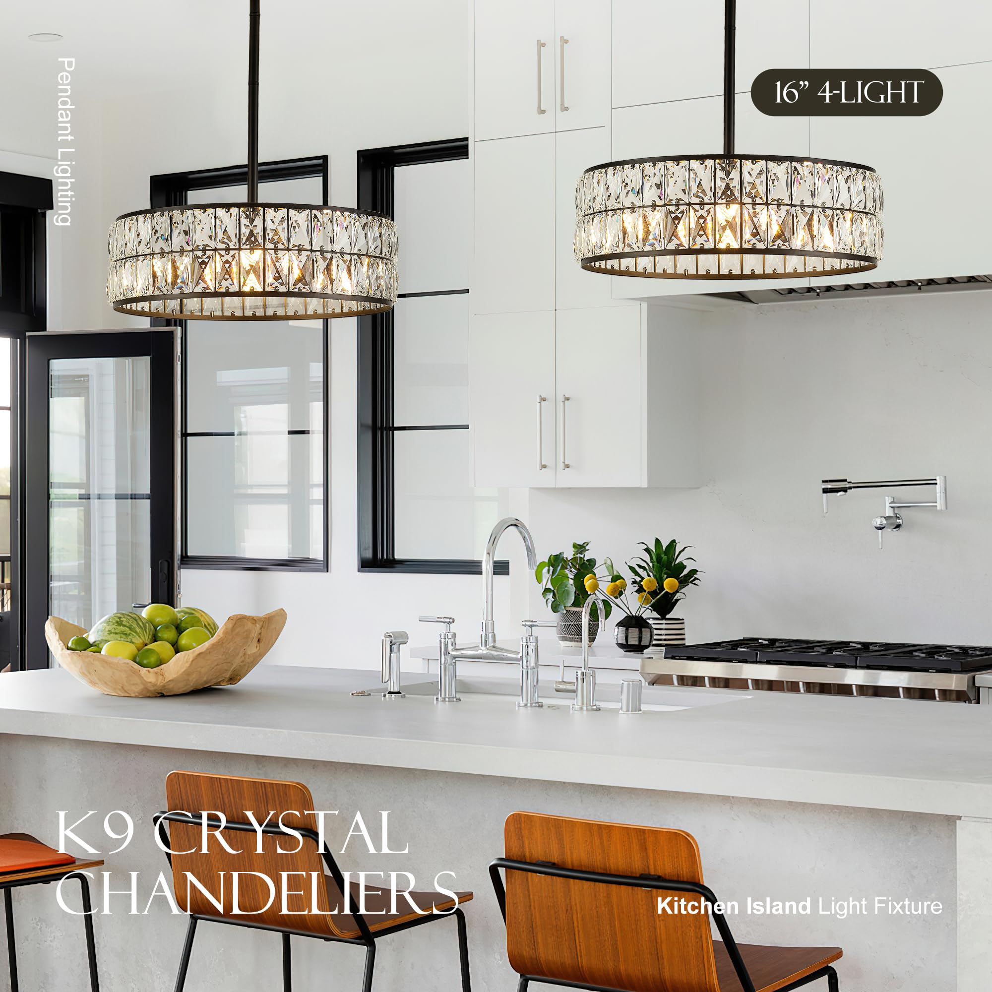 Salaiwei 16” 4-Light Modern Black Crystal Chandelier, Round Pendant Light Fixture for Dining Room, Kitchen Island, Living Room