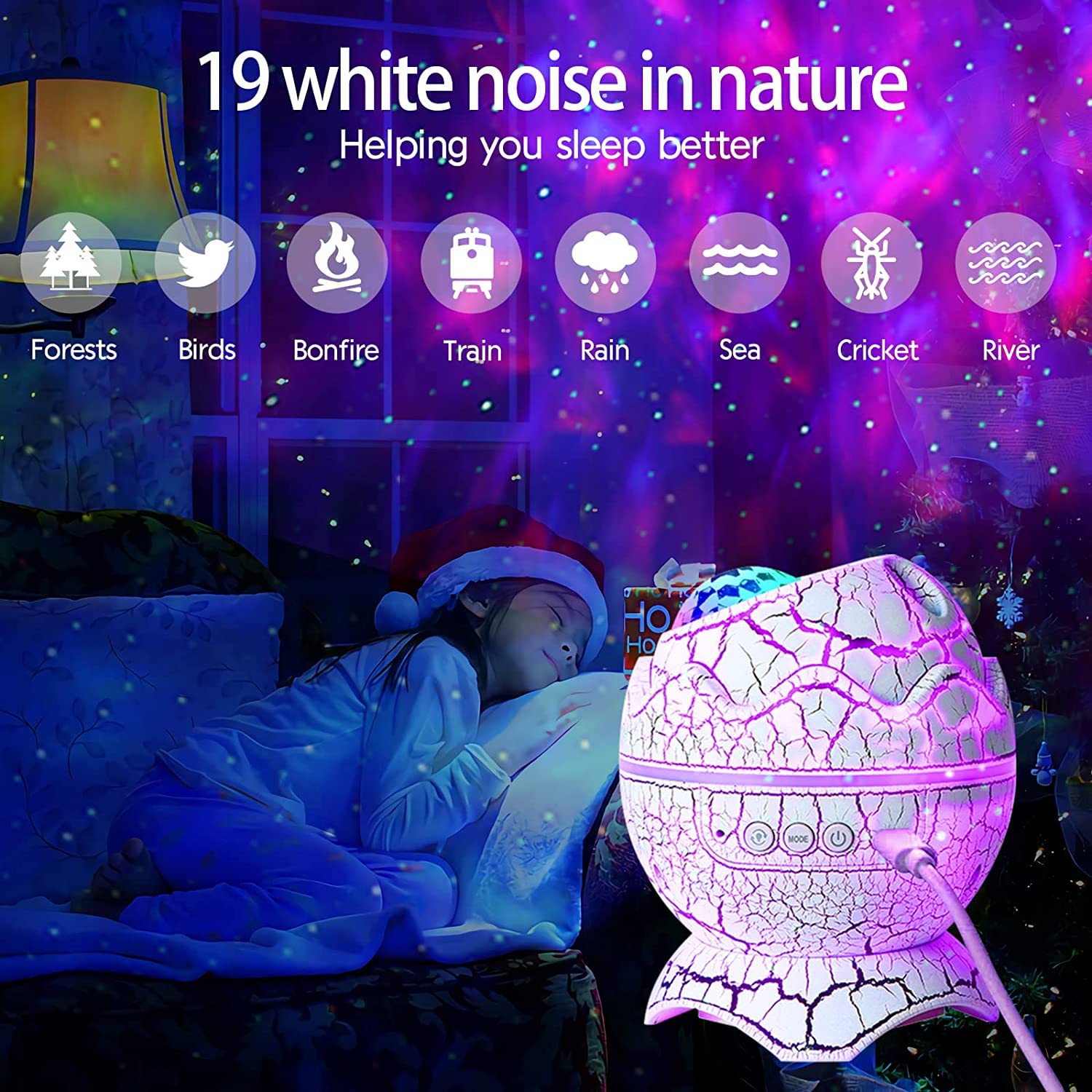 Dinosaur Egg Galaxy Star Projector Starry Light With Wireless Music Player, Night Light With White Noise, Nebula,Timer & Remote