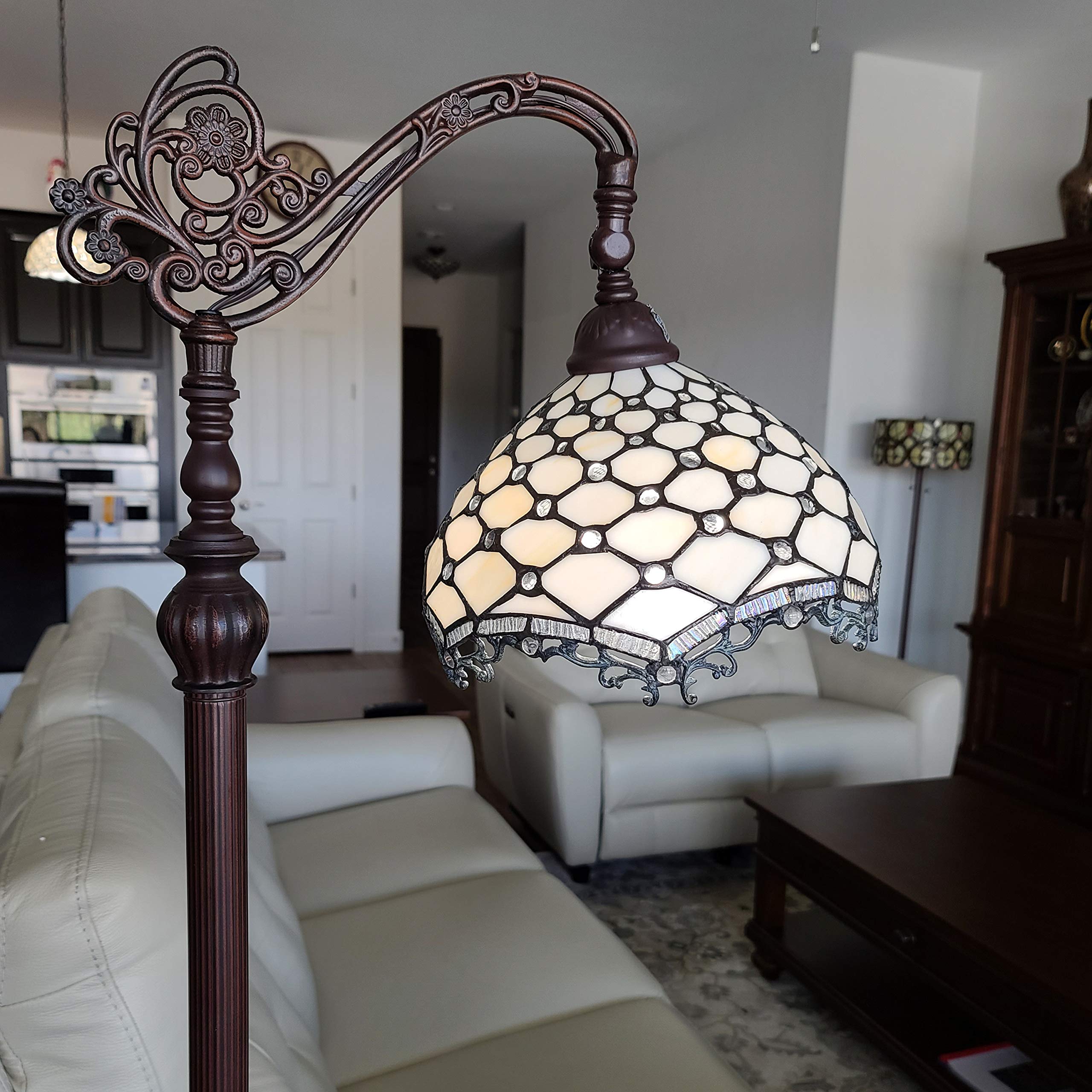 Amora Tiffany Style Floor Lamp Jeweled Jagged Edge Arched 62 Tall Stained Glass White Tan Antique Vintage Light Decor Bedroom Living Room Reading Gift Am122Fl12B Lighting