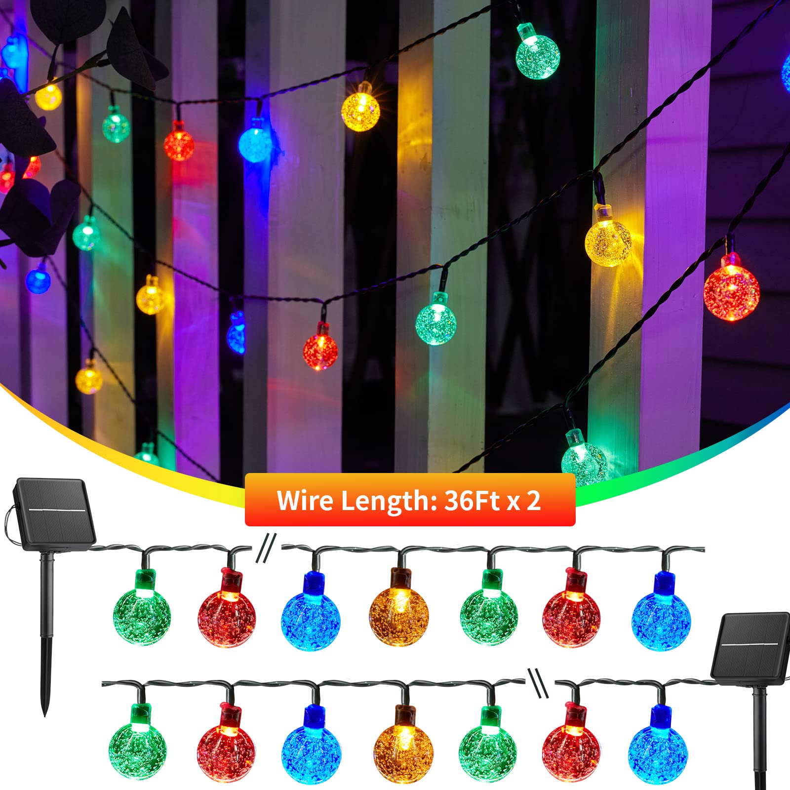 Solar String Lights Outdoor Waterproof, 2-Pack 120 Led 72Ft Total, Crystal Globe Lights With 8 Lighting Modes, Solar Powered Pat