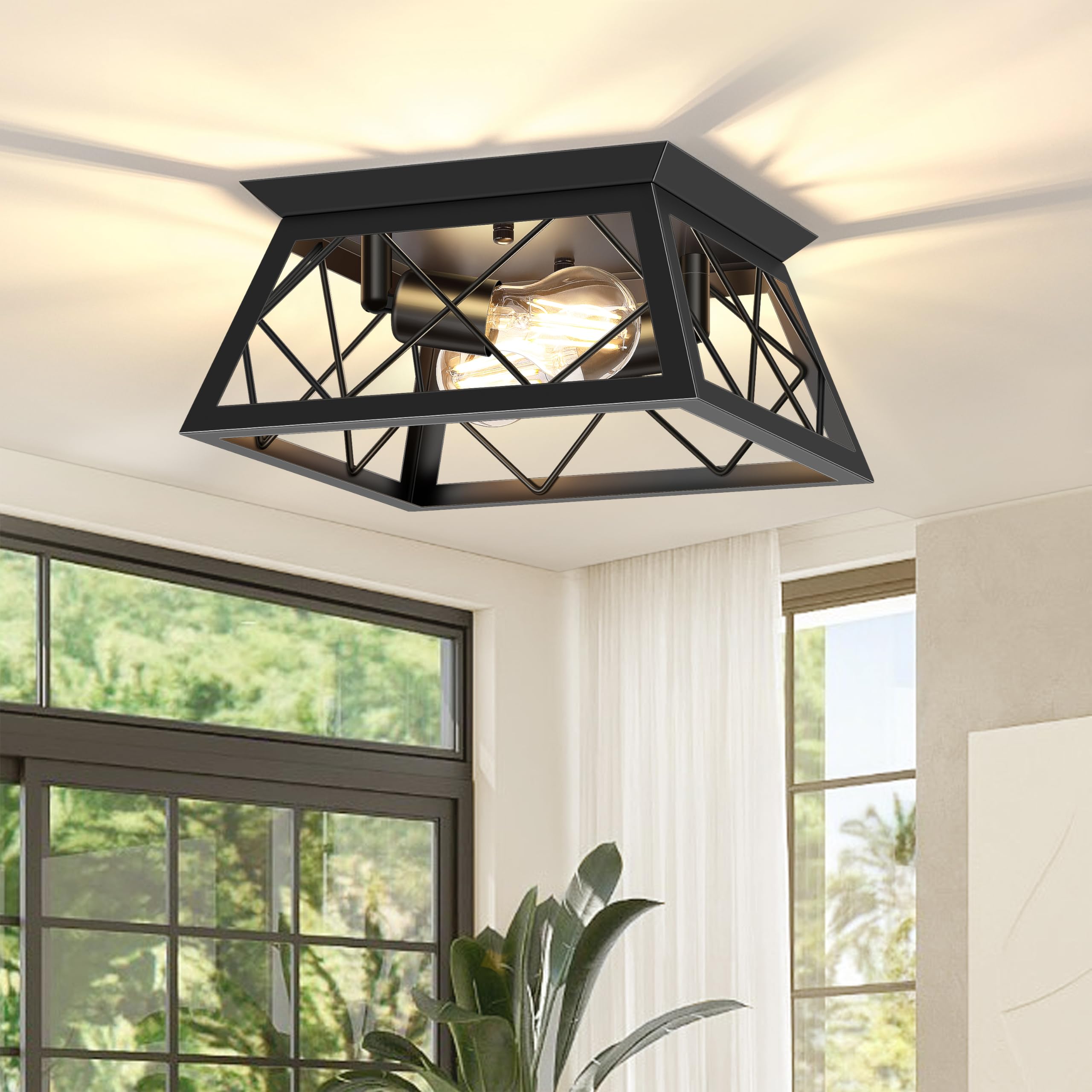 Fadimikoo 2-Light Black Flush Mount Ceiling Light Fixture, Industrial Hallway Light Fixtures Ceiling Mount For Farmhouse Kitchen