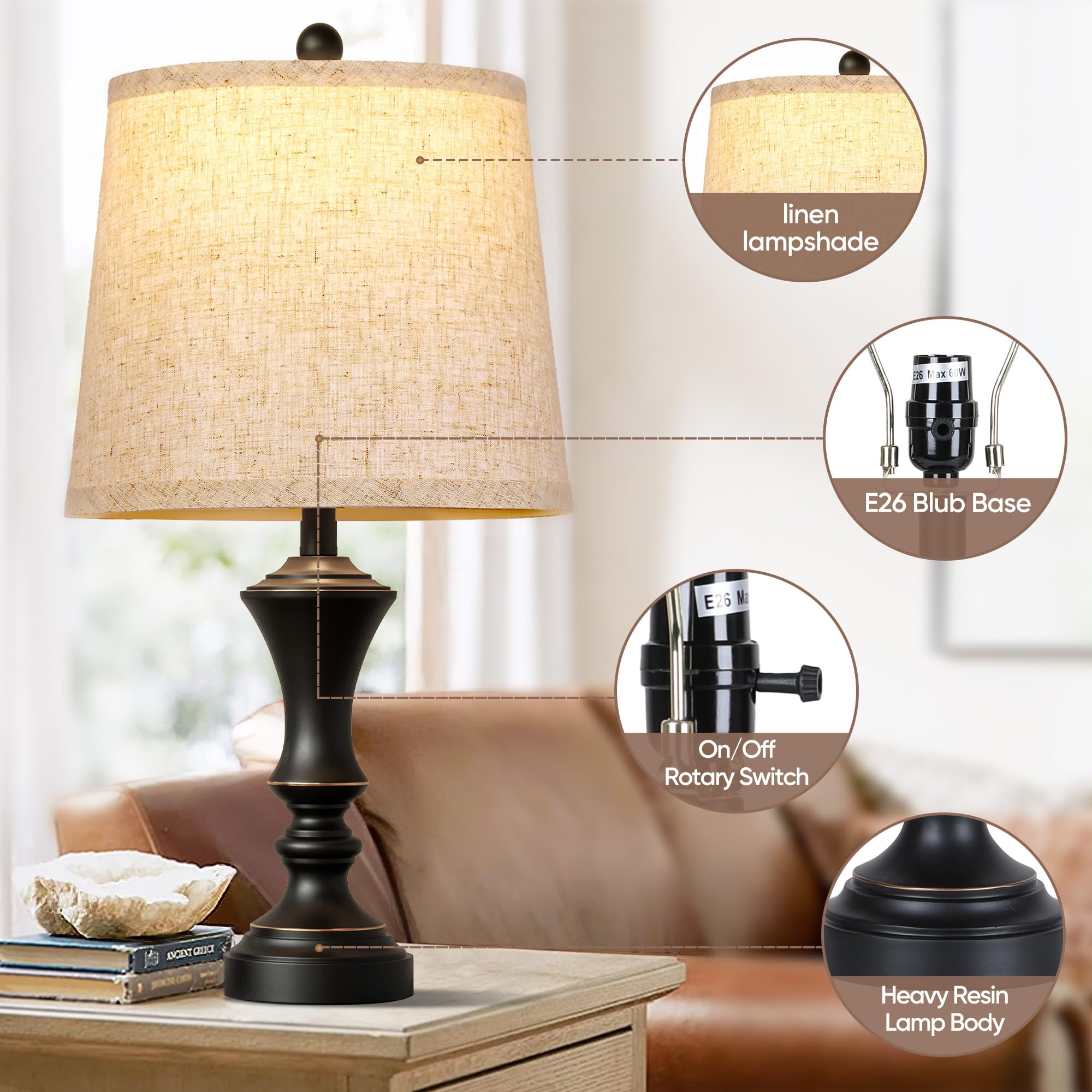 ROTTOGOON Retro Table Lamps Set of 2, Vintage Black Nightstand Lamps, 22" Bedside Lighting, Traditional Design, Model ROLP406AB2
