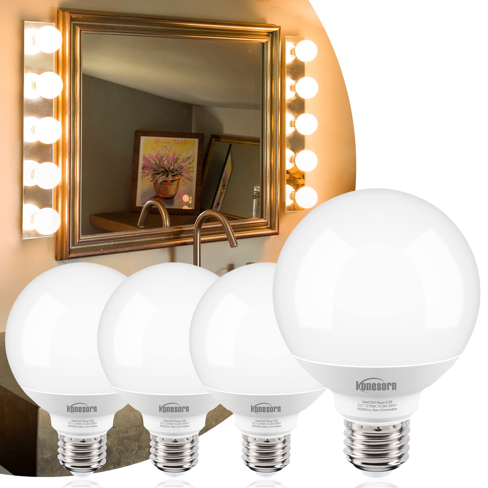 Honesorn G25 LED Vanity Light Bulbs, 40W Equivalent, 2700K Warm White, E26 Base, 4 Pack, Non-Dimmable, 500LM