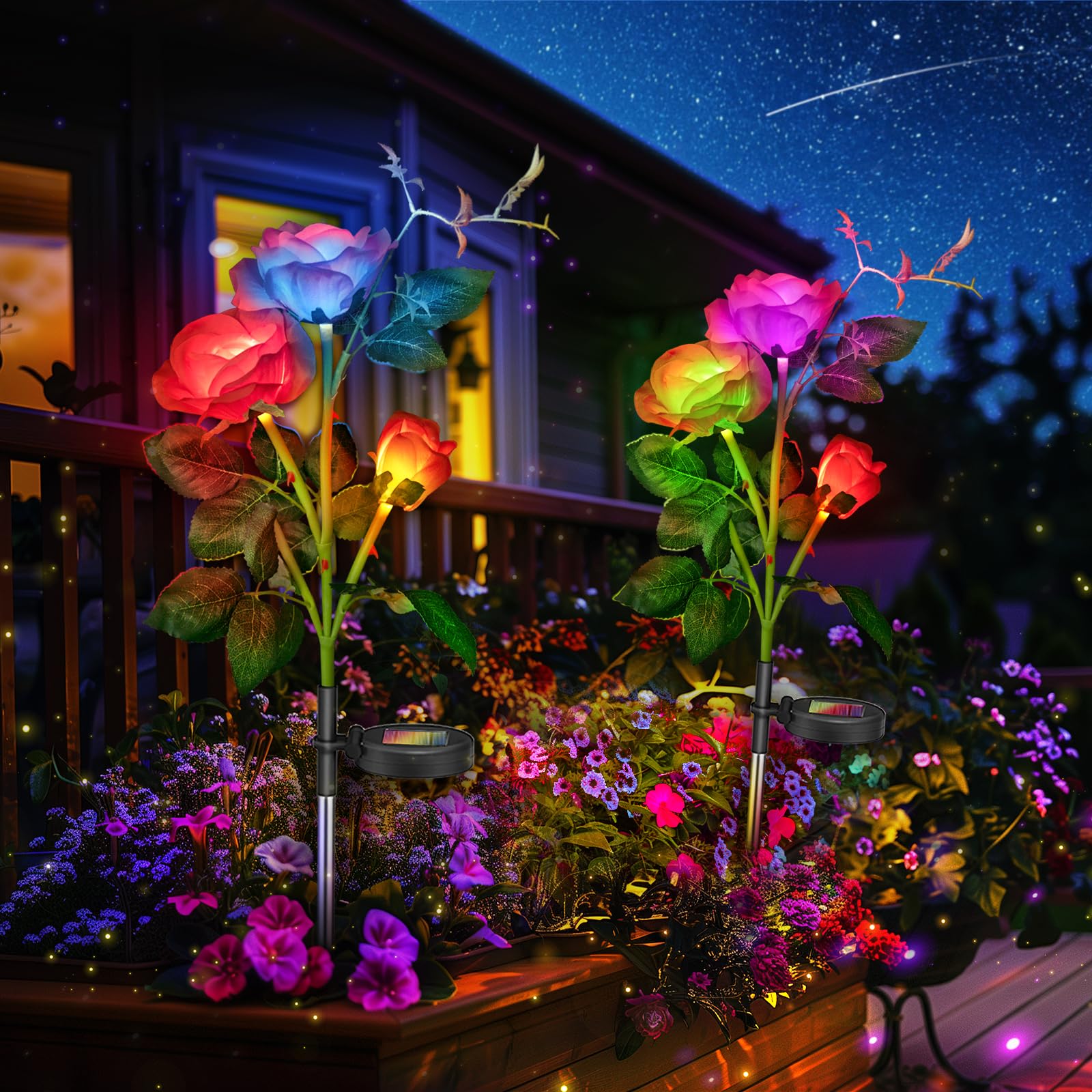 Anordsem Rose Lights Solar Powered Garden Light, Waterproof, Colorful, 2 Pack, Red, Silk