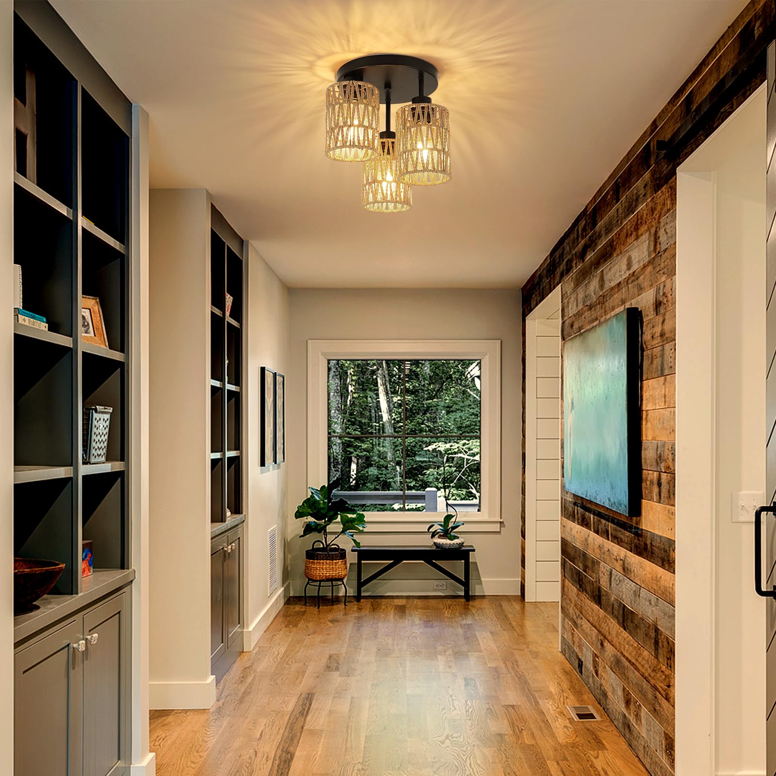 Foucasal Boho Light Fixtures Ceiling Mount, 3-Light Boho Flush Mount Ceiling Light, Rattan Woven Chandelier Lighting For Farmhou