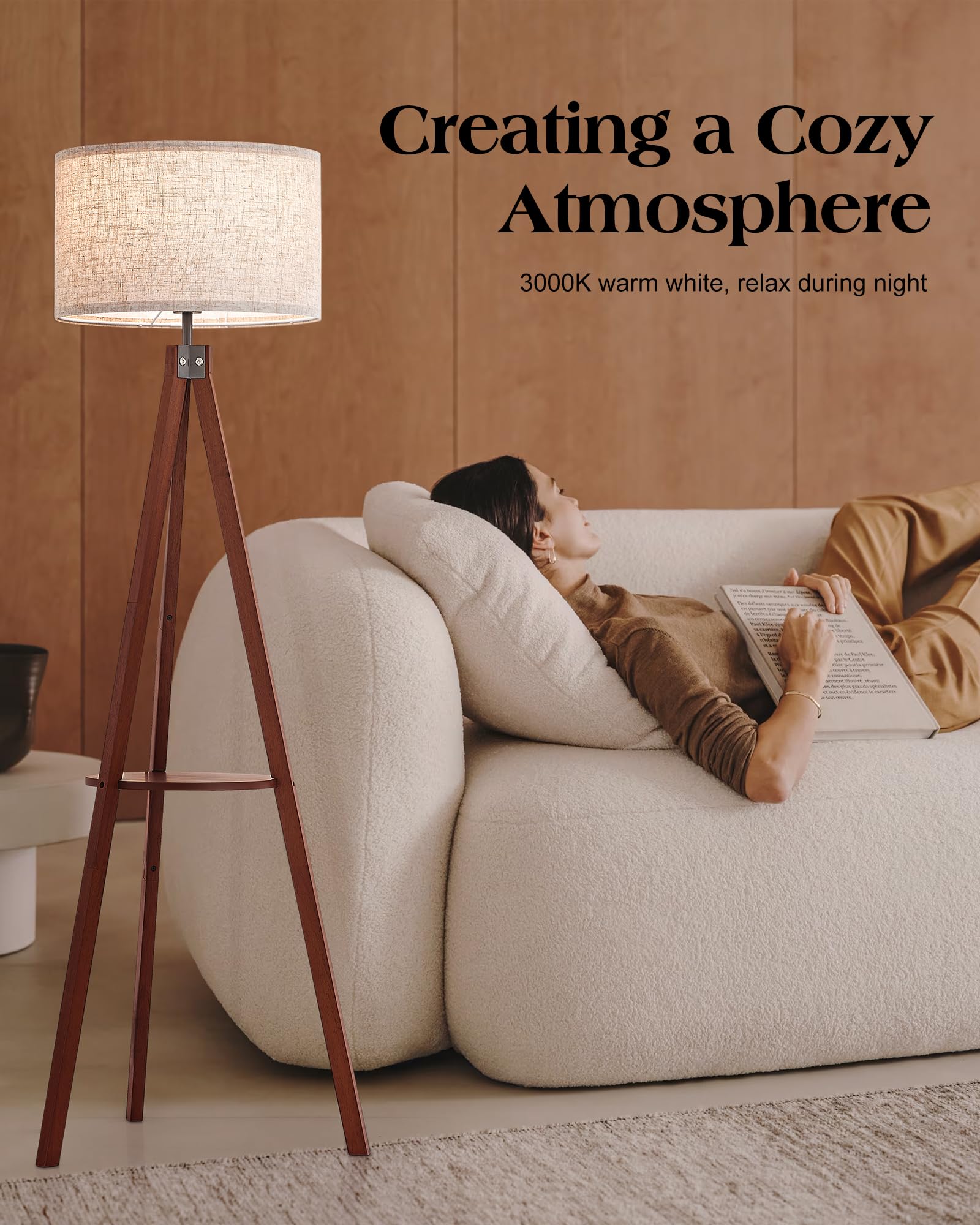 ELYONA Tripod Floor Lamp with Shelves, 3 Color Temperatures, Wooden, Brown, Model UF1104B-BR, Ideal for Living Room, Bedroom, Office