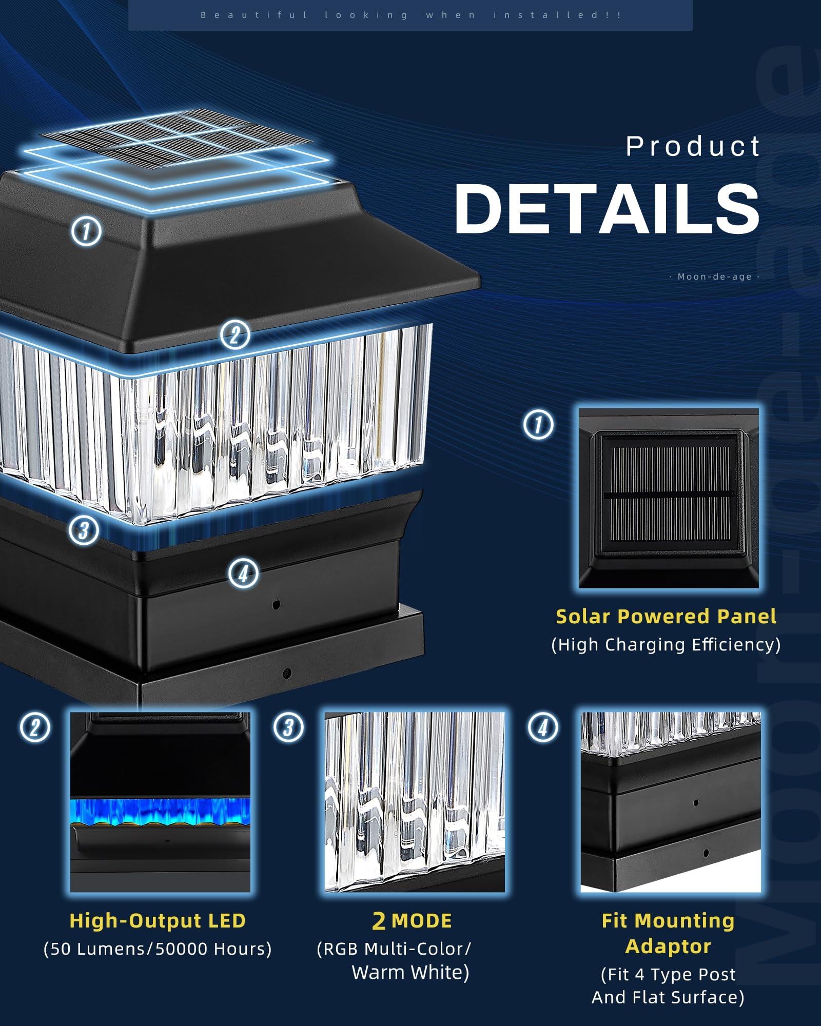 Moon-De-Age Rgbw Solar Post Cap Lights, 50 Lumen, 4 Pack For Fence & Garden - Black