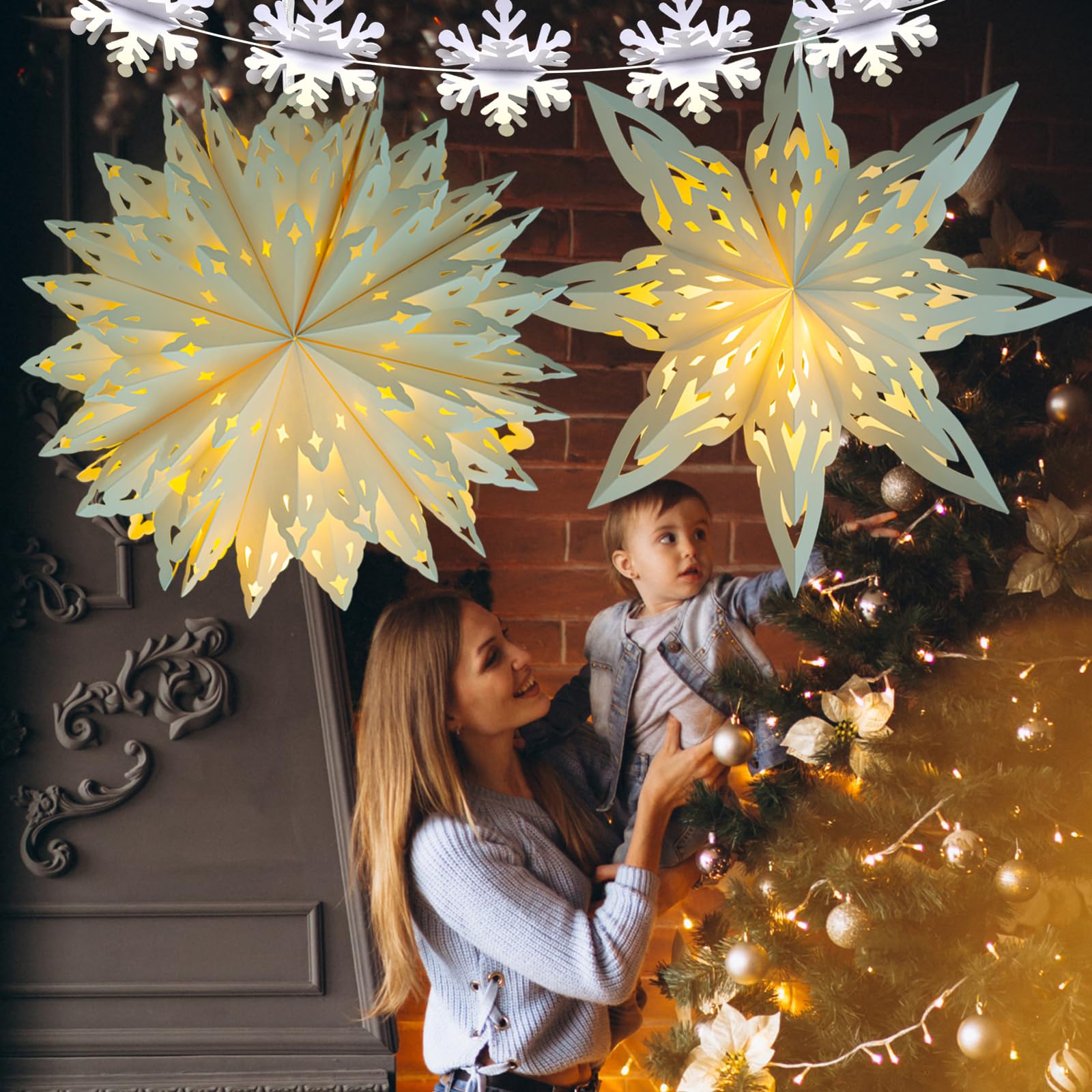 OuMuaMua Christmas Paper Lanterns - 2 Pcs White Star Lanterns with LED Lights for Holiday Decor, Model GSD002