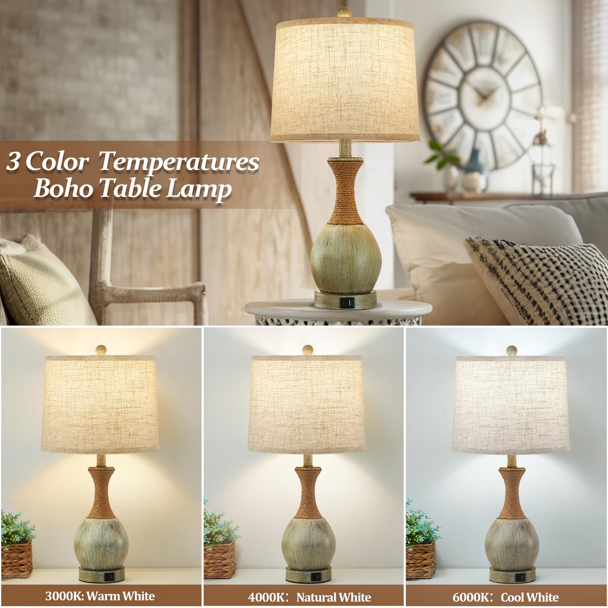 EJIAXIN Table Lamp Set of 2 - Boho Rattan Design, 3 Color Temperatures, USB Charging, Gray - Ideal for Bedroom and Living Room